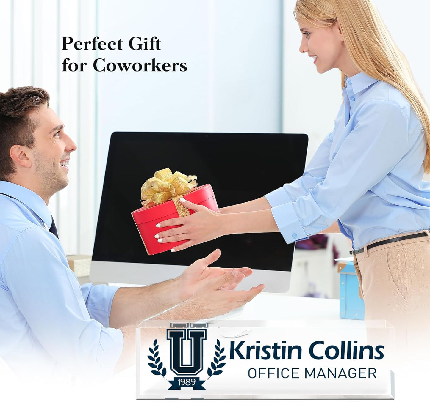 Custom Name Plate for Desk, Acrylic Office Decor For Women Men, Personalized Office Desk Accessories, Teacher Employee Appreciation Gifts For Social Worker Boss Coworkers (Logo)