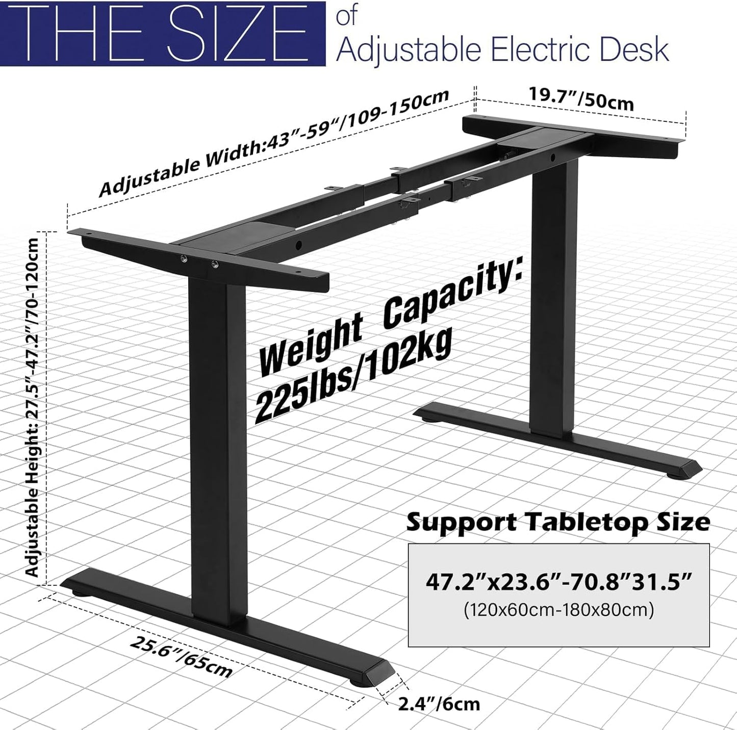 TOPSKY Dual Motor Electric Adjustable Standing for up to 70.8”x31.5” Table Tops, 225 lbs Weight Capacity, Computer Desk for Home and Office (Black Frame only)
