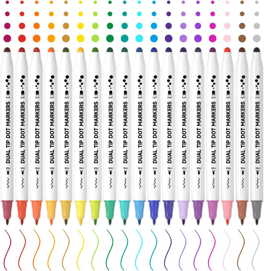 Shuttle Art 18 Colors Dual Tip Dot Marker Pens for Kids Adults, 18 Classic Colors, 0.8mm Fine Tip and Flexible Dot Tip for Journaling, DIY Crafts, Scrapbooks