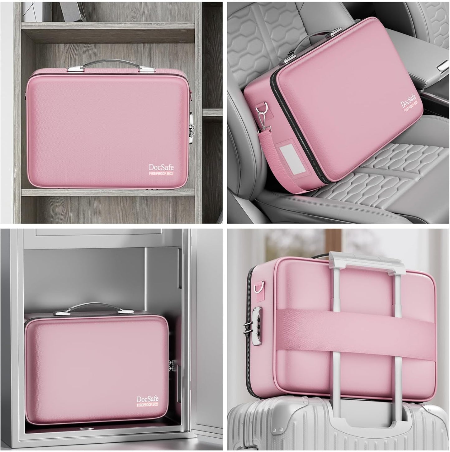 DocSafe Fireproof Document Box with Lock, Hard Case File Organizer with Accordion File Folder, Fireproof Water Resistant Safe Box Home Office Travel Storage for Important Documents Laptop Pink