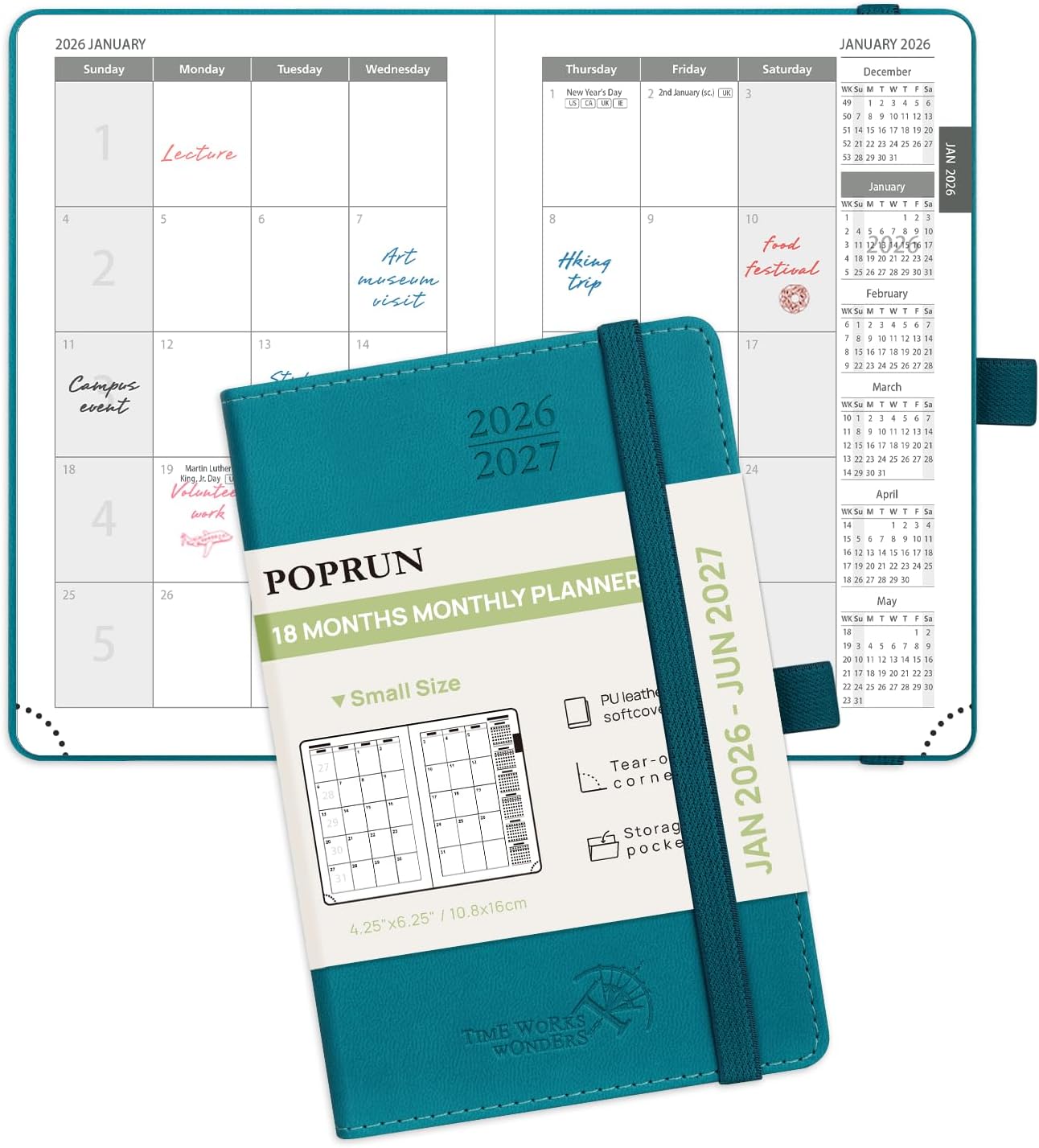 POPRUN Pocket Monthly Planner 2026-2027 (Pocket- 4''x 6.25'' Soft Leather Cover) - 18 Month Calendar Book for Purse (Jan.2026 - Jun. 2027), 100 GSM Thick Paper - Pacific Green