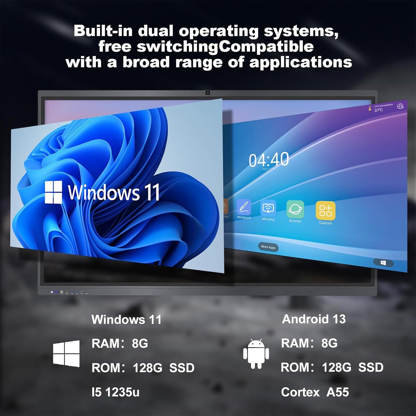 Smart Board,65" Smart Board for Classroom Office Home, 4K UHD Touch Screen Open Dual System Smart Whiteboard,Digital whiteboard with 48MP HD Camera(Board+Wall Mount Included)