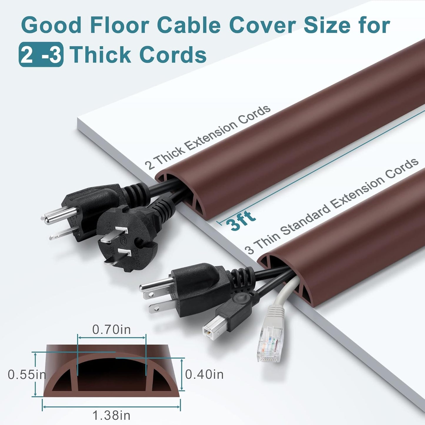 Cord Hider Floor, 3FT, Brown Cord Cover Floor, Cord Protector Floor Extension Cable Cover, Soft PVC Wire Covers - Cable Management Hide Cords on Floor - Cord Cavity: 0.7" (W) x 0.4"(H)