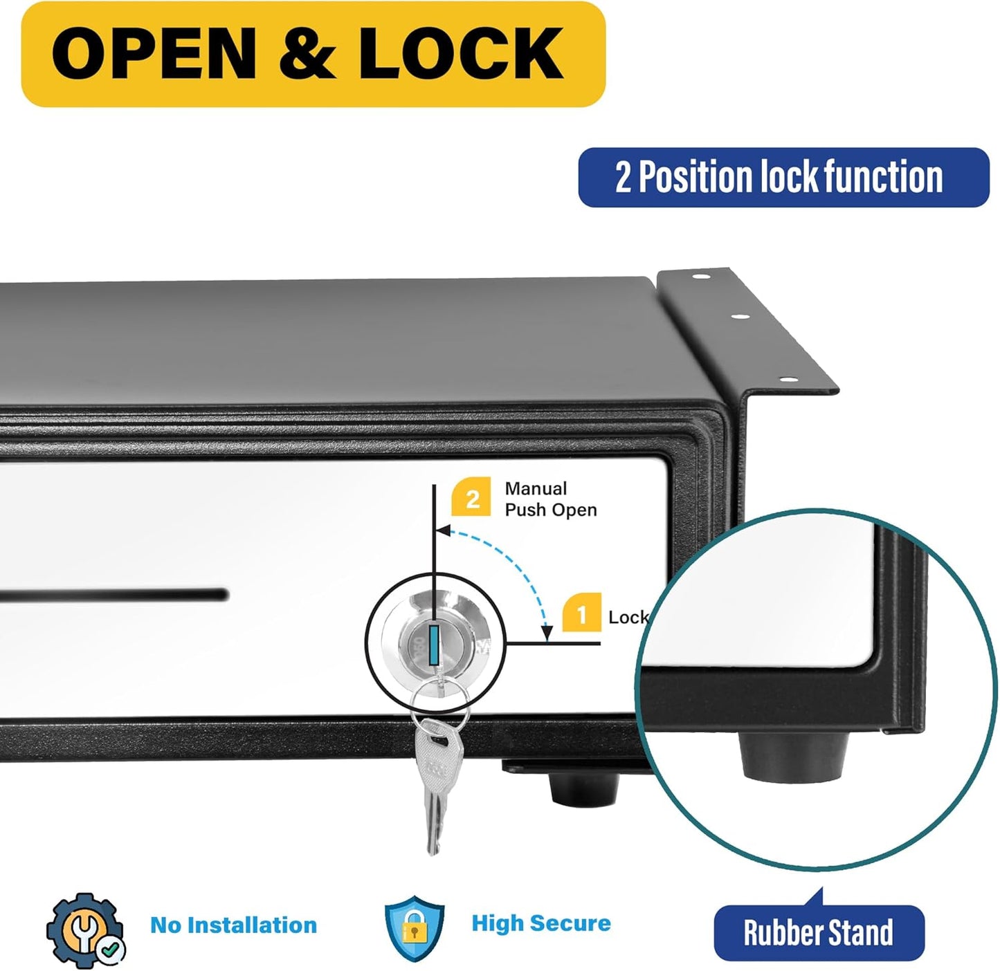 HK SYSTEMS 16" Heavy Duty Black"Push" Open Cash Drawer, 5B5C with Under Counter Mounting Metal Bracket and Till Cover