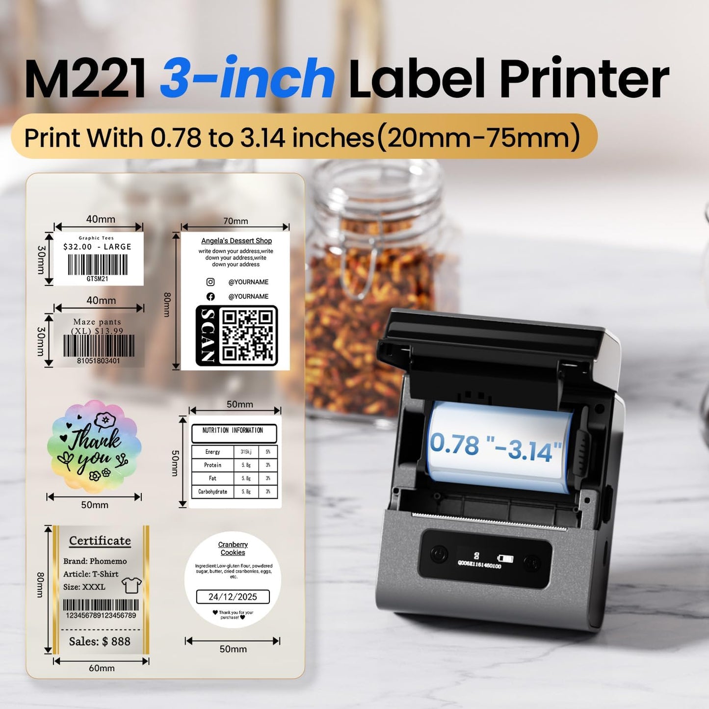 Phomemo Label Makers- Barcode Label Printer M221 3 Inch Label Maker Bluetooth Thermal Printer for Small Business/Home Use, for Barcode, Address, Logo, Stickers, Compatible with Phone & PC, Gray