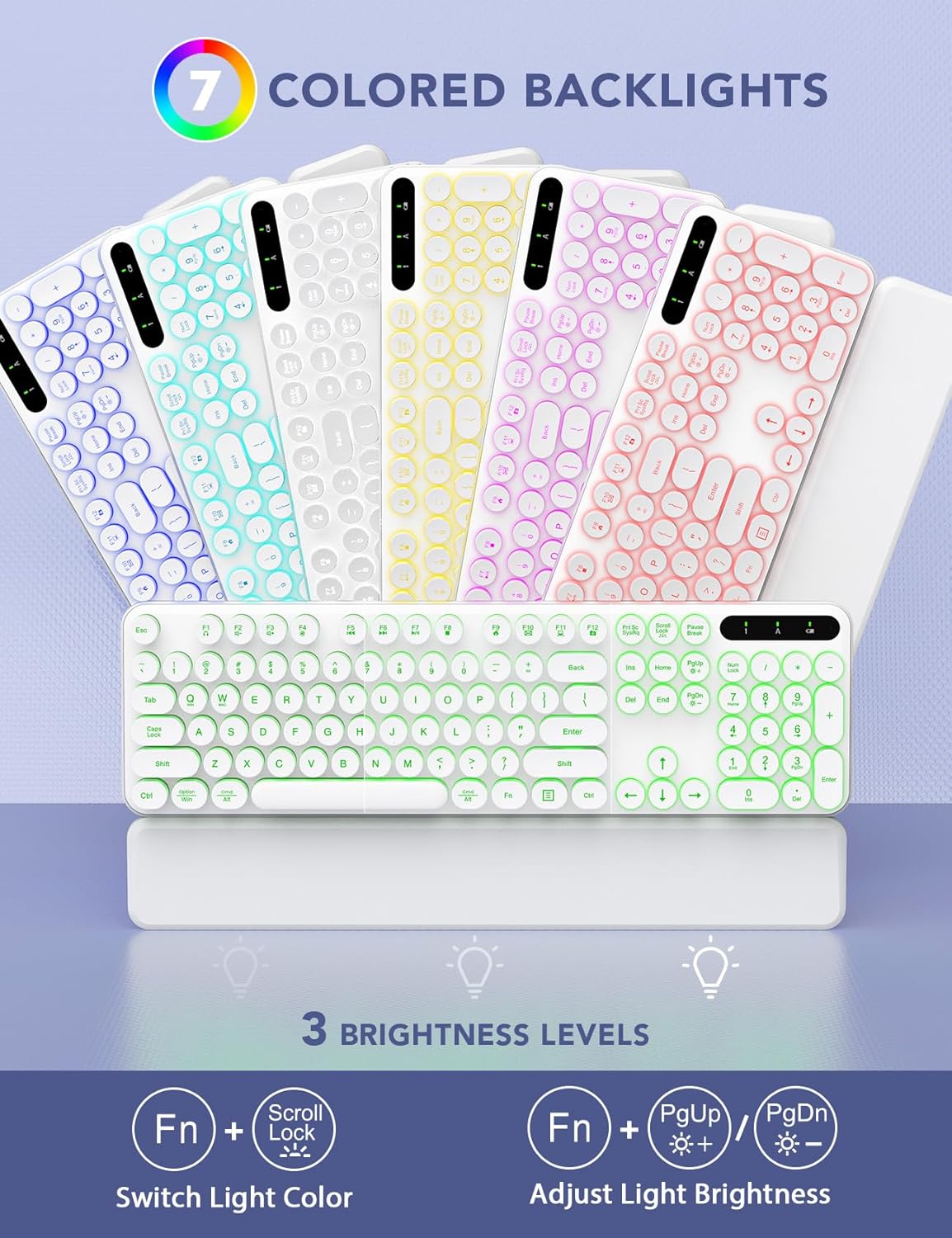 Wireless Keyboard and Mouse Backlit - Typewriter Keyboard with Retro Round Keycaps, Detachable Wrist Rest, Light Up Letters, 2.4G Rechargeable Combo for Mac, Windows, PC, Laptop, Trueque (White)