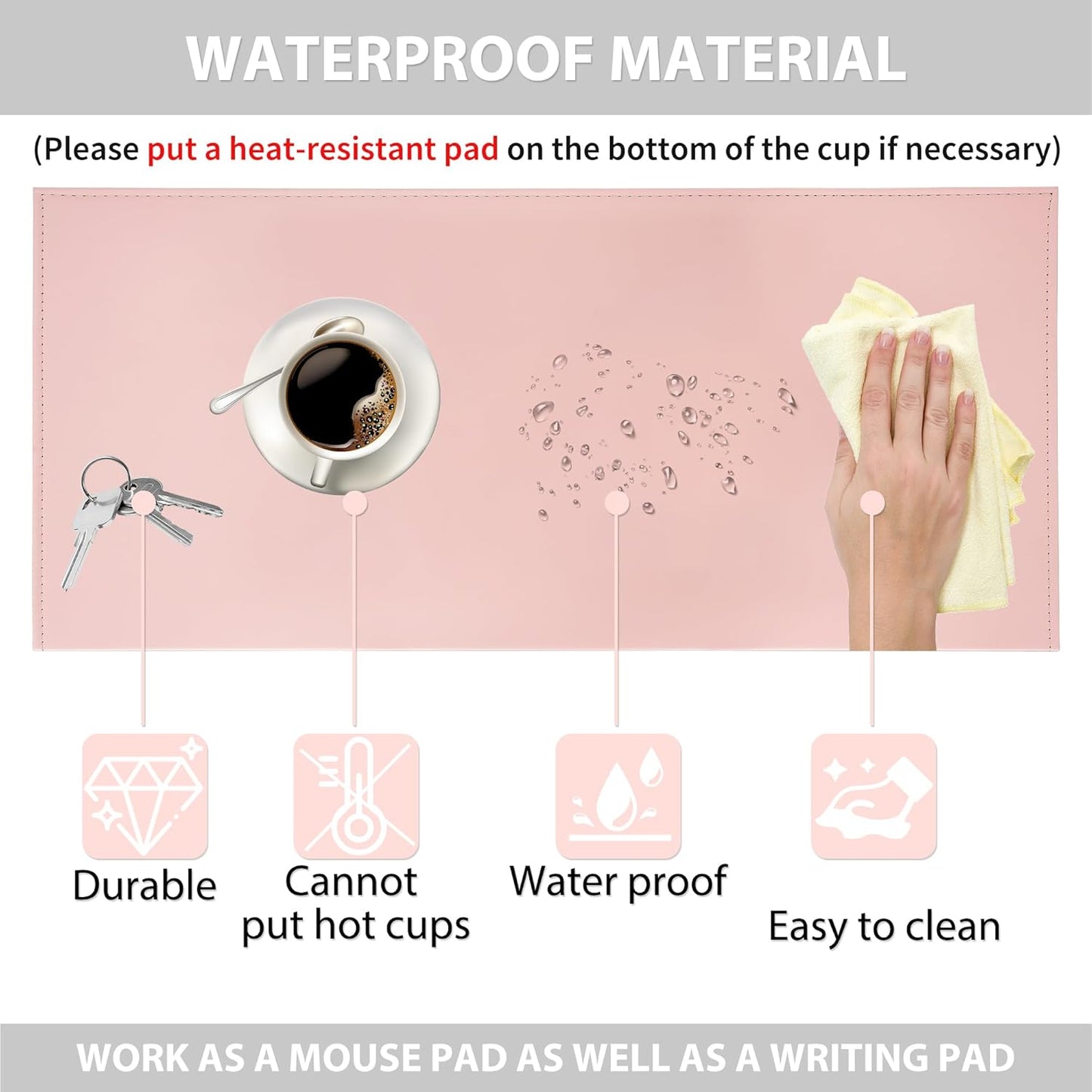 AKOZLIN 27.55”x 15.8" Soft PU Leather Surface Office Desk Mouse Mat Anti-Push Pad with Full Grip Fixation Lip Table Blotter Edge-Locked Protector Pink