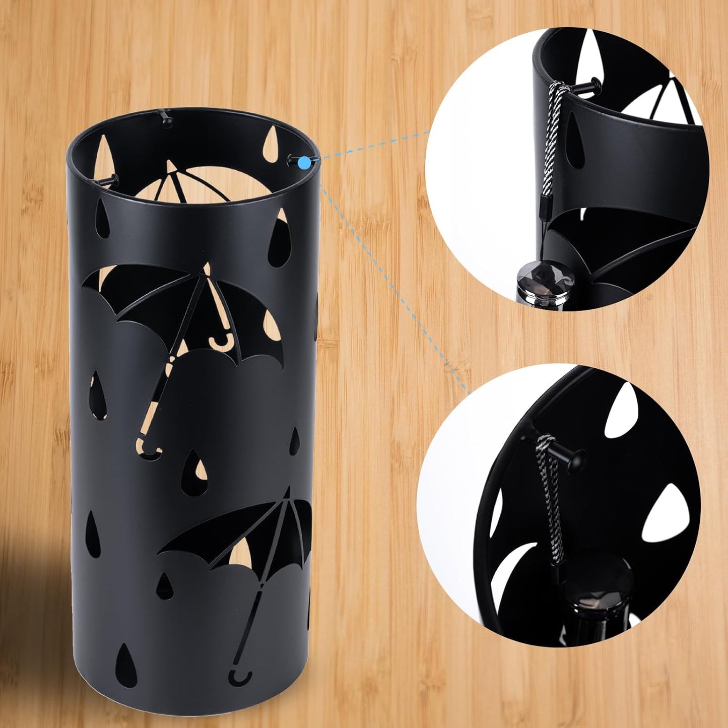 Umbrella Stand Rack for Entryway, Black Round Metal Umbrella Holder, Free Standing Umbrella Organizer Bin with 3 Hooks for Walk Stick, Home Office Indoor, 17 x 7 Inch