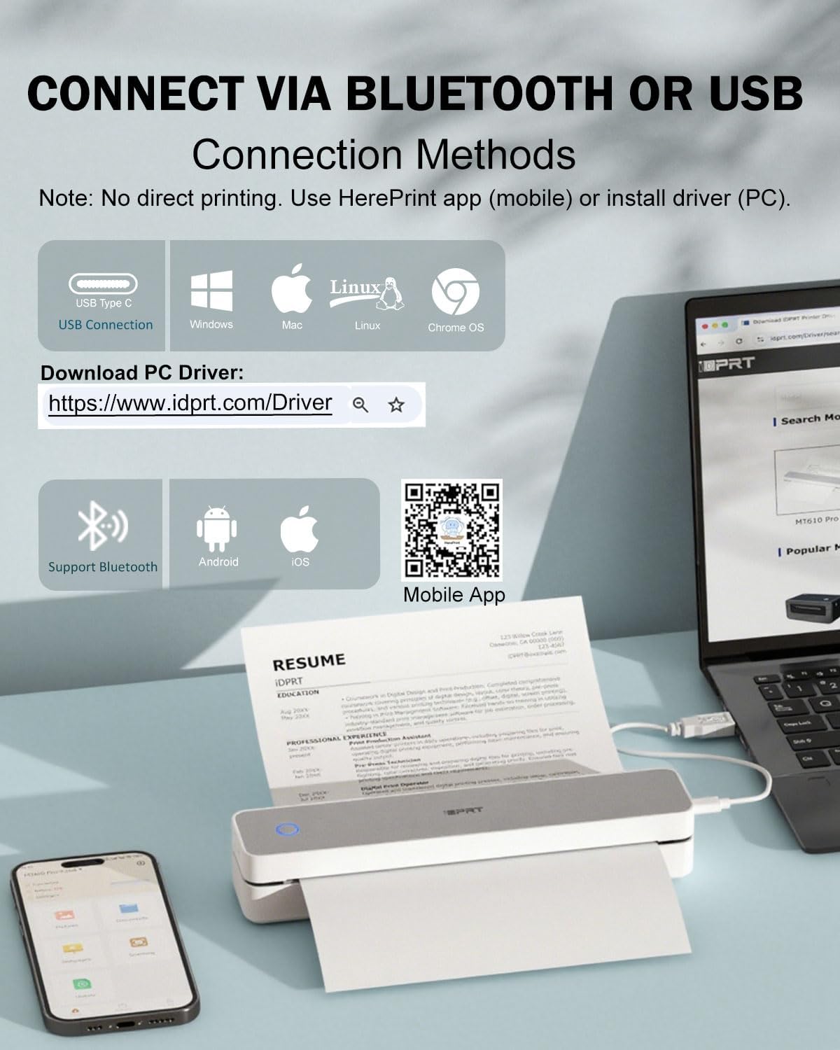 iDPRT Inkless Portable Printer for Travel, 300DPI Wireless Thermal Printer Support 8.5 x 11 Inch US Letter, A4, Small Bluetooth Printers Compatible with iOS, Android Laptop for Office Car Home, Grey