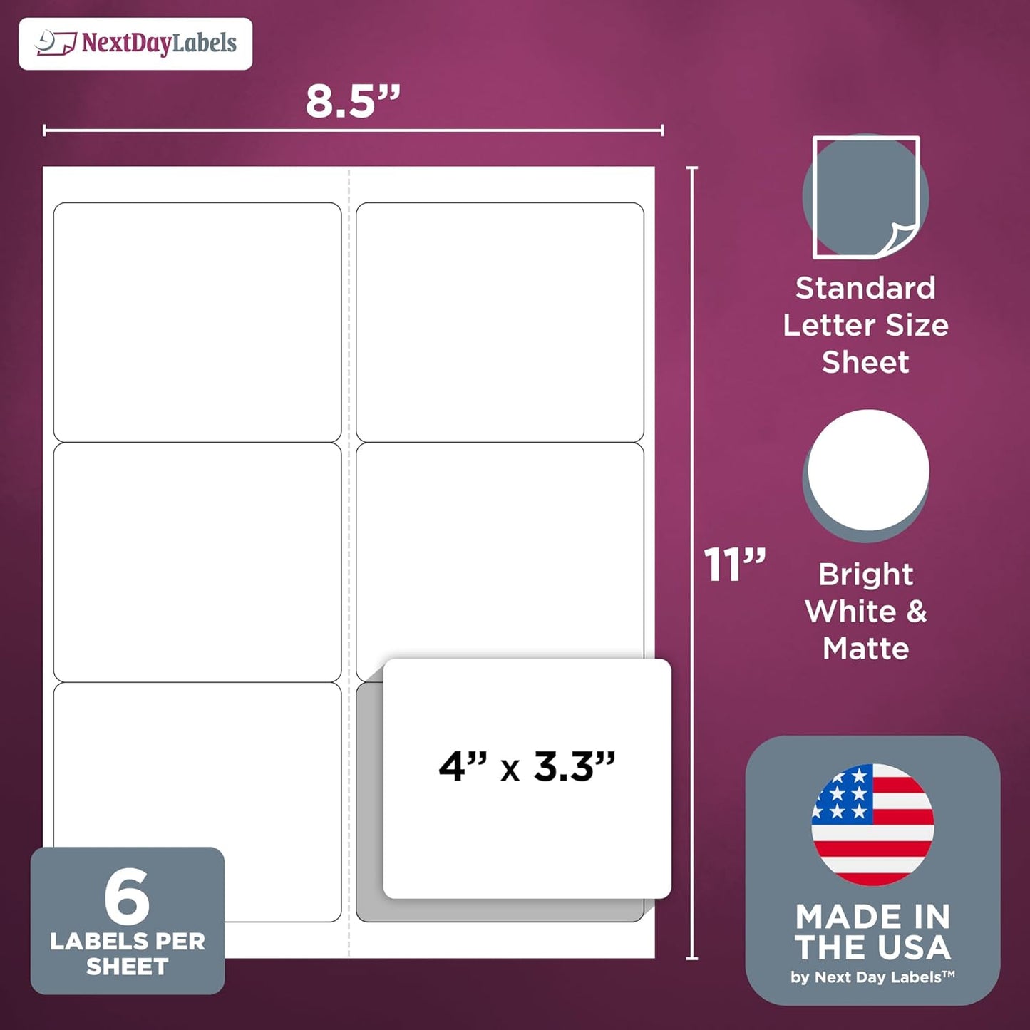 NextDayLabels – 4" x 3-1/3" Rectangular Sticker Labels for Printer - White Laser/Inkjet Printer Labels Return Address Labels Shipping Label Stickers (250 Sheets, 6 Per Sheet, 1500 Labels)