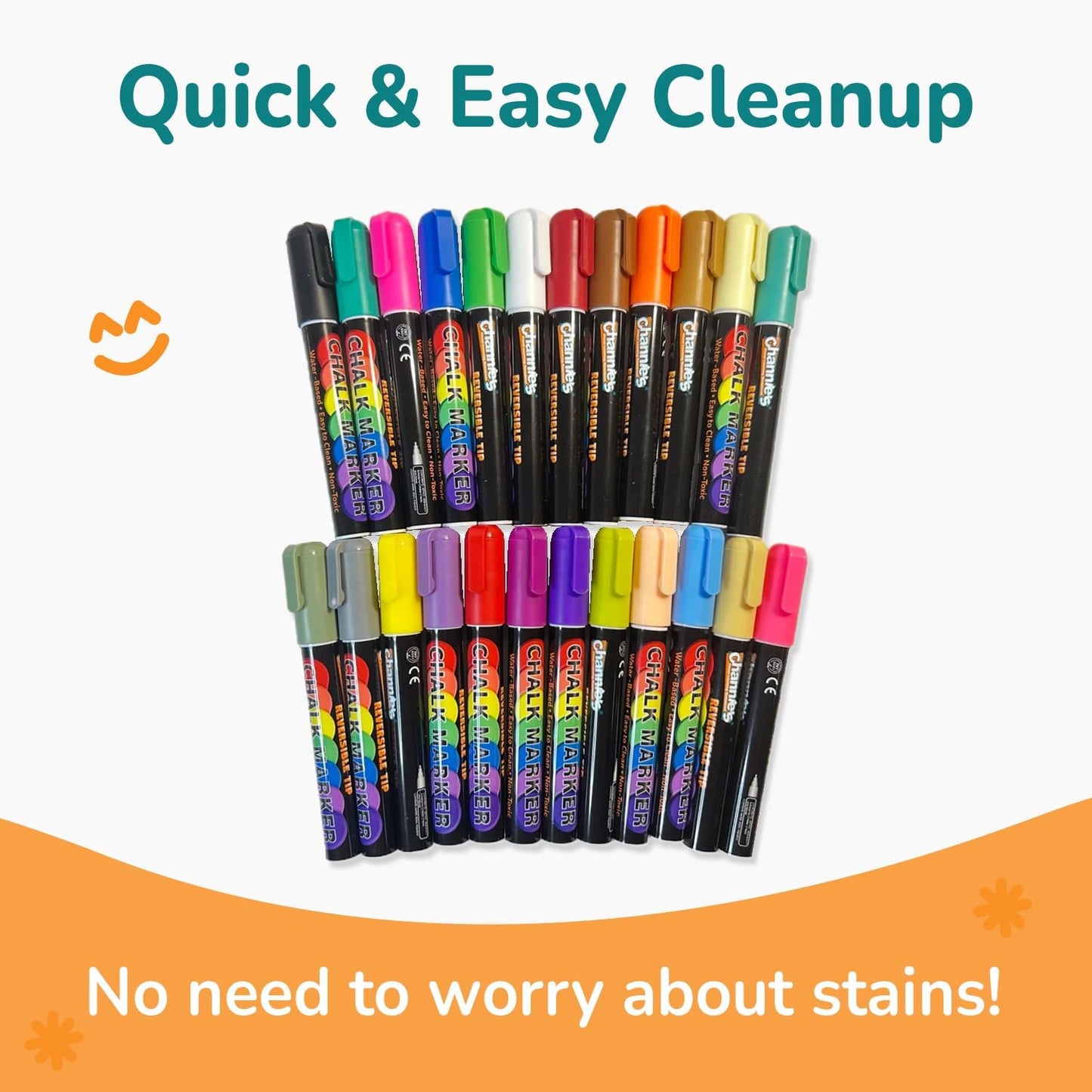 Channie's Liquid Chalk Markers, 24 Vibrant Colors, Dual-Tip Reversible Chisel & Round Tips, Works on Chalkboards, Glass, Mirrors & More, Easy to Wipe Off, Includes Labels & Tweezers