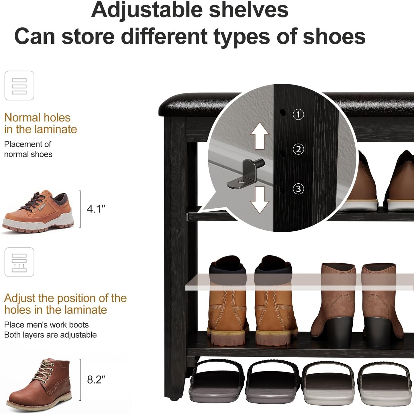 Shoe Bench with Leather Cushion, 3 Tiers Shoe Storage Bench Height Adjustable, Walnut Wood Entryway Bench for Hallway, Mudroom