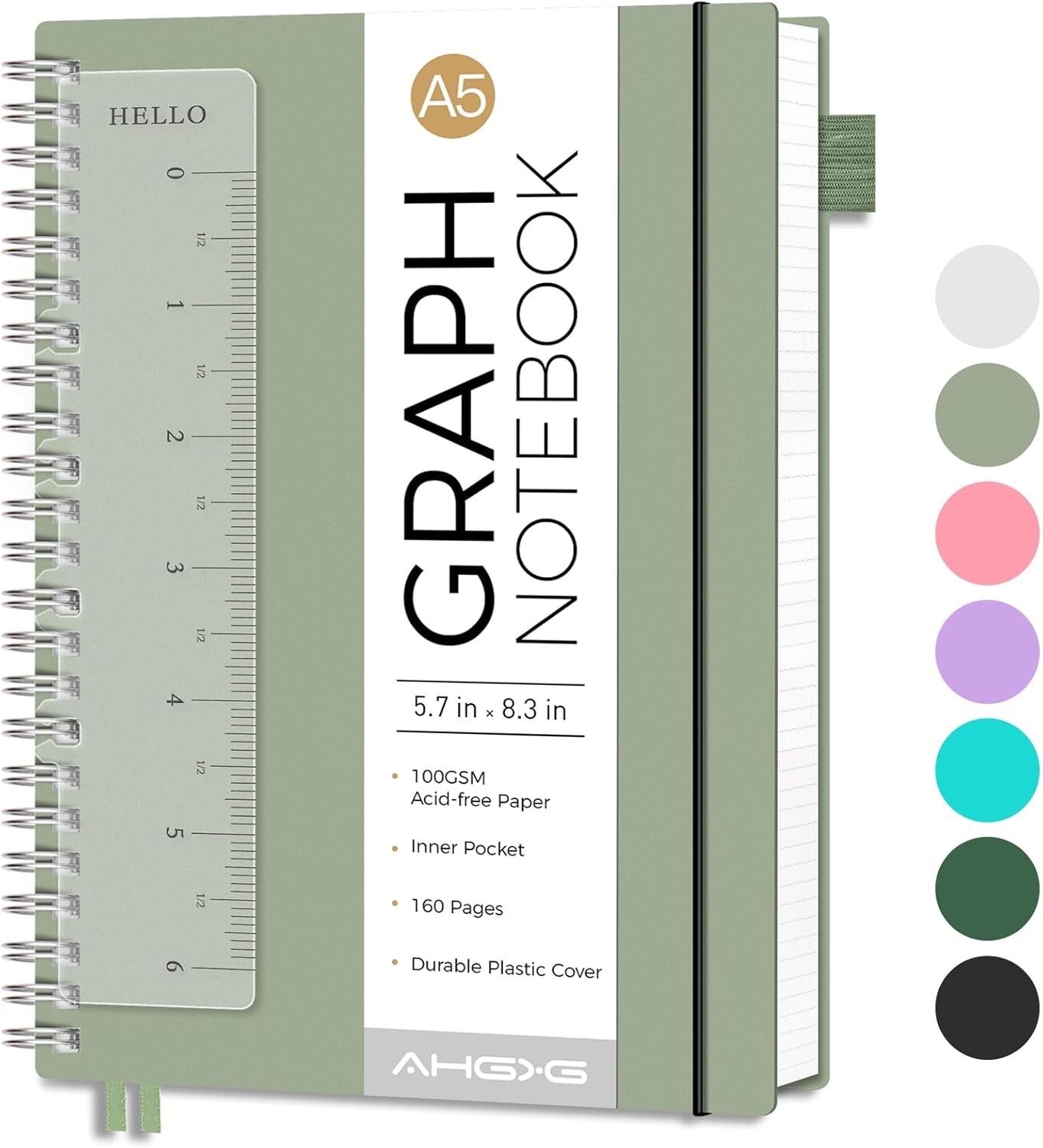 AHGXG Graph Paper Notebook - Spiral Notebook Journal 160 Pages, A5 Graph Notebook 5.7" x 8.3", 100 gsm Thick Grid Paper, Waterproof Plastic Cover, for School Writing Engineering Math, Sage Green