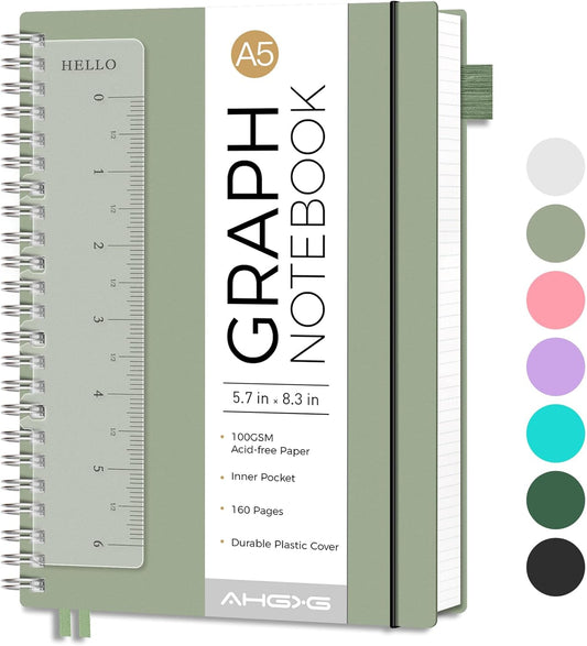 AHGXG Graph Paper Notebook - Spiral Notebook Journal 160 Pages, A5 Graph Notebook 5.7" x 8.3", 100 gsm Thick Grid Paper, Waterproof Plastic Cover, for School Writing Engineering Math, Sage Green