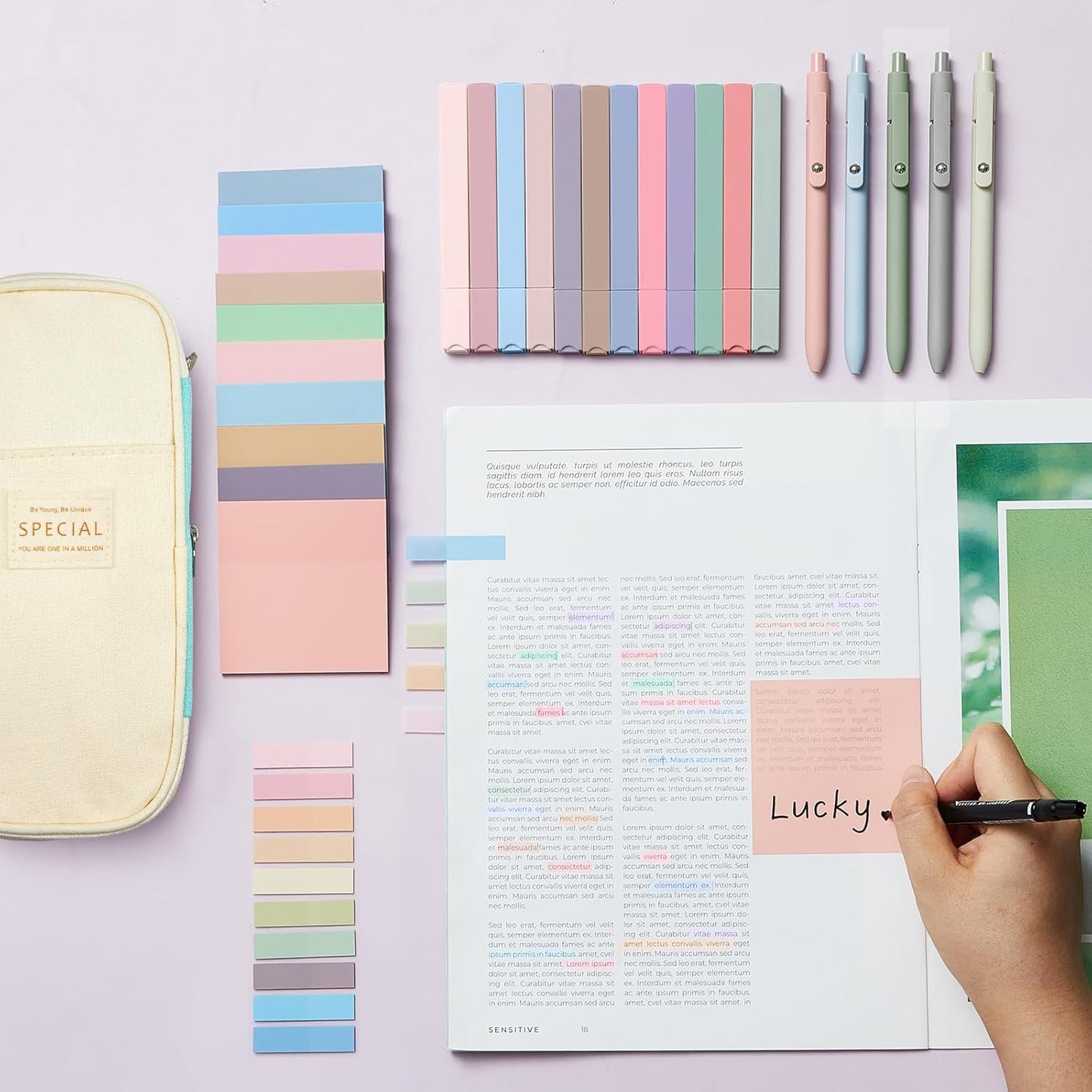 Jutom 39 Pcs Aesthetic Book Annotation Kit Highlighter with Pencil Case Bag Gel Pen Transparent Sticky Note Taking Bible Study College School Supplies(Mint Green,Cute Style)