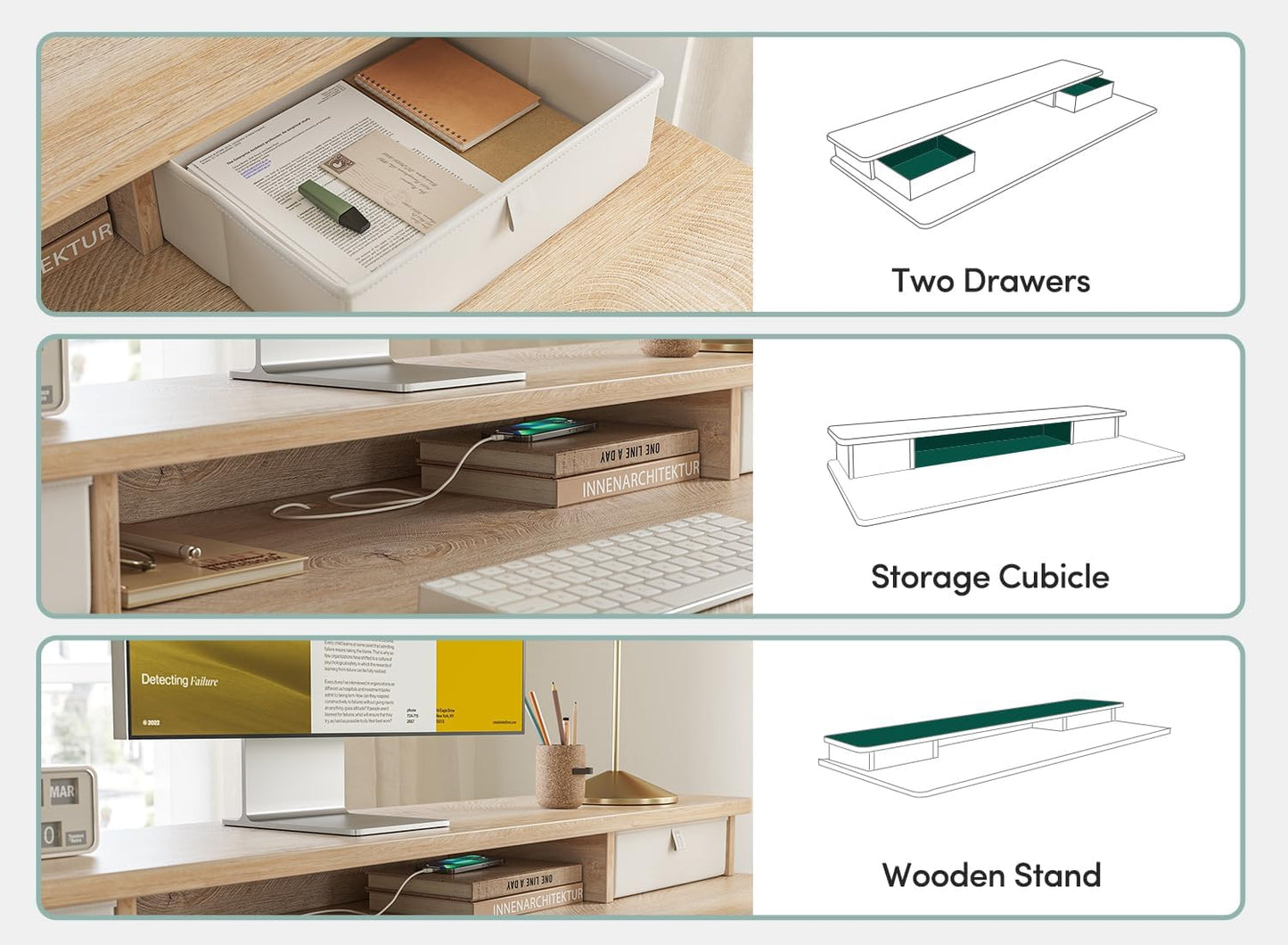 FEZIBO 63 x 28 Inch Deeper Height Adjustable Electric Standing Desk with Double Drawers, Sit Stand Up, Home Office Computer Desk with 4 Height-Adjustable Feets & 2 Hooks, White Frame/Maple Top