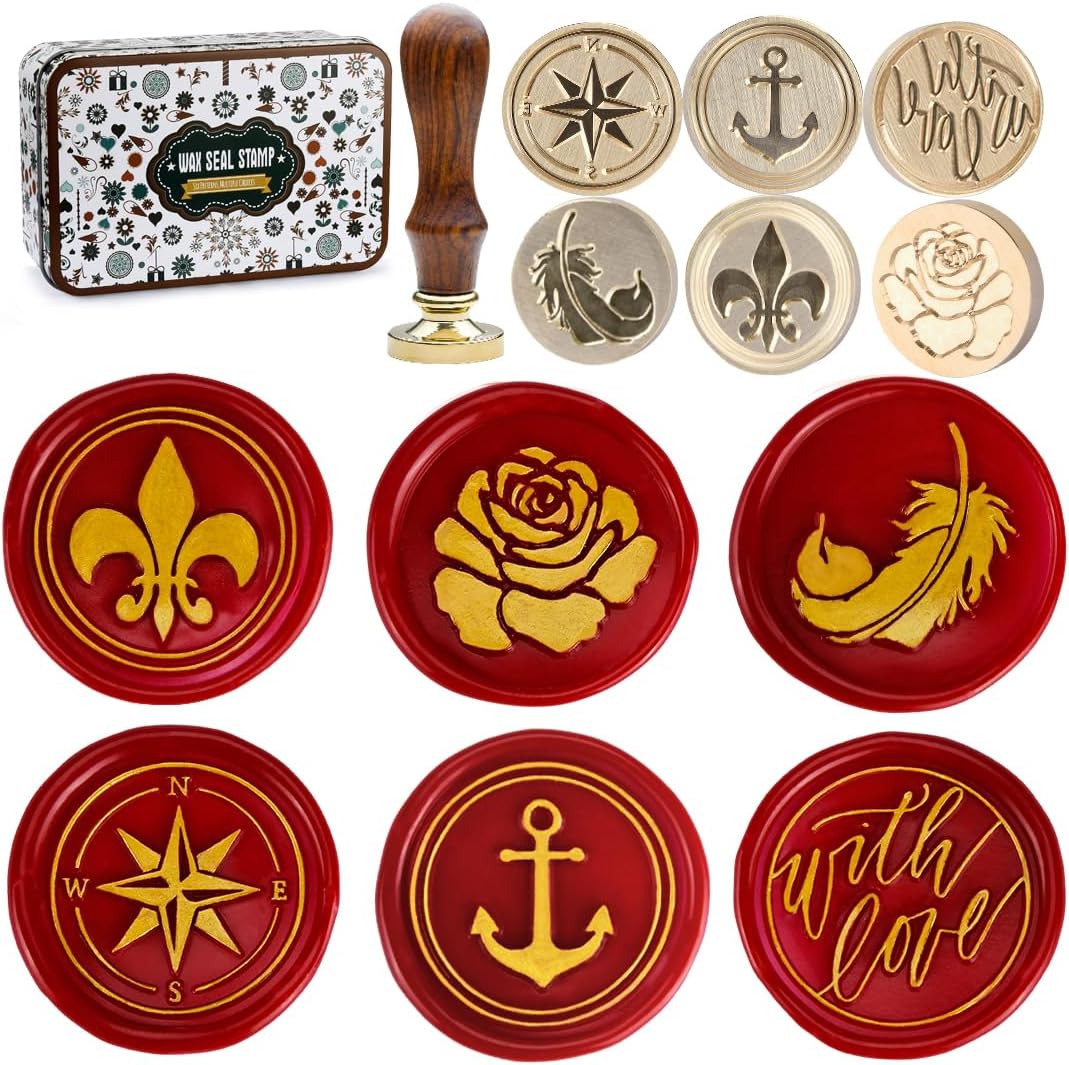 Wax Seal Stamp Kit, 6 pcs Brass Head Wax Stamp & 1 Wooden Handle, 6 Designs (Anchor, Feather, Fleur-de-lis,Compass, with Love, Rose Flower)