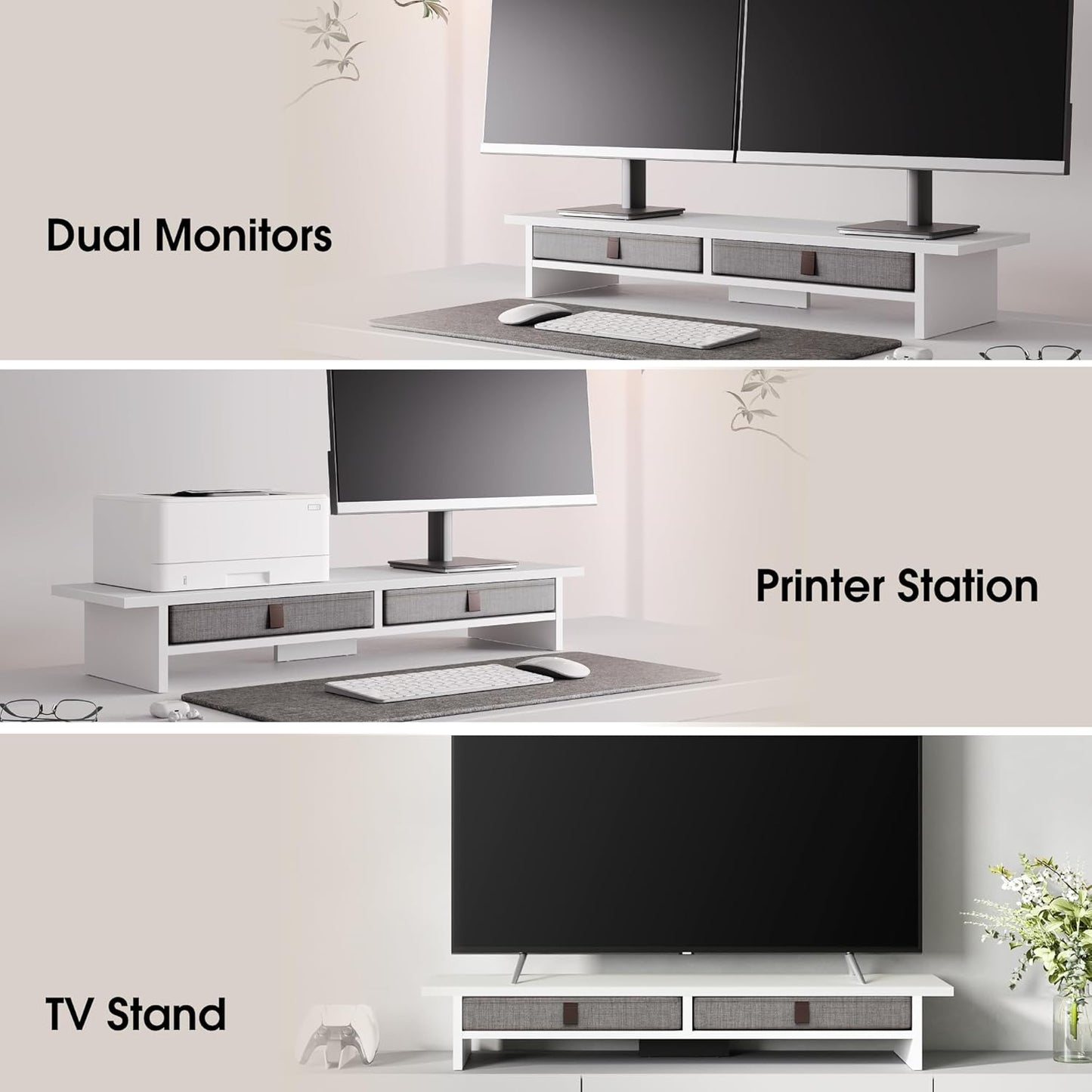 Fenge Monitor Stand with Drawer, 2 Tiers Dual Monitor Riser for Desk, 35 Inch Computer Stand for 2 Monitors, Desk Shelf for Home, Office, Laptop, PC, TV, Printer