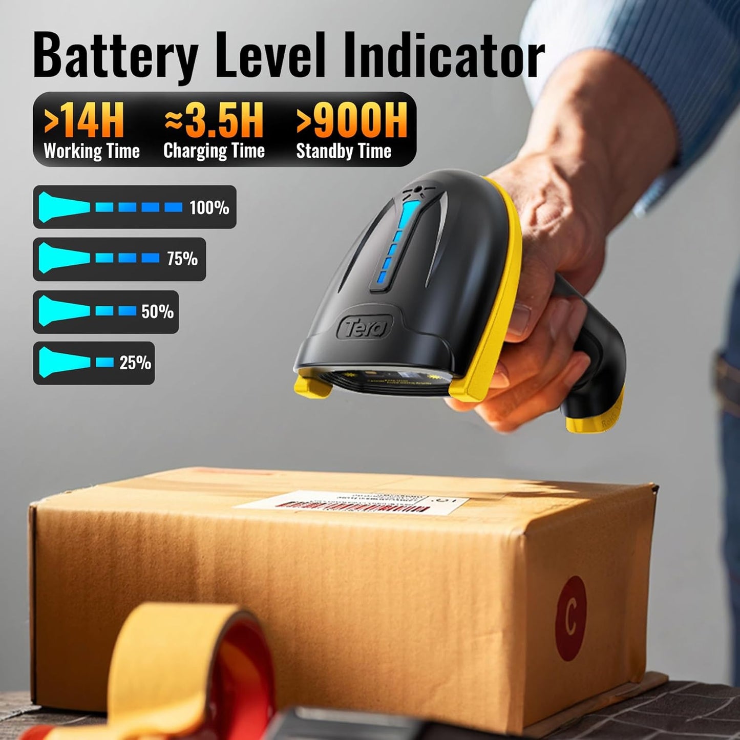 Tera Barcode Scanner Wireless Versatile 2-in-1 (2.4Ghz Wireless+USB 2.0 Wired) with Battery Level Indicator, 328 Feet Transmission Distance Rechargeable 1D Laser Bar Code Reader Handheld 5100 Yellow