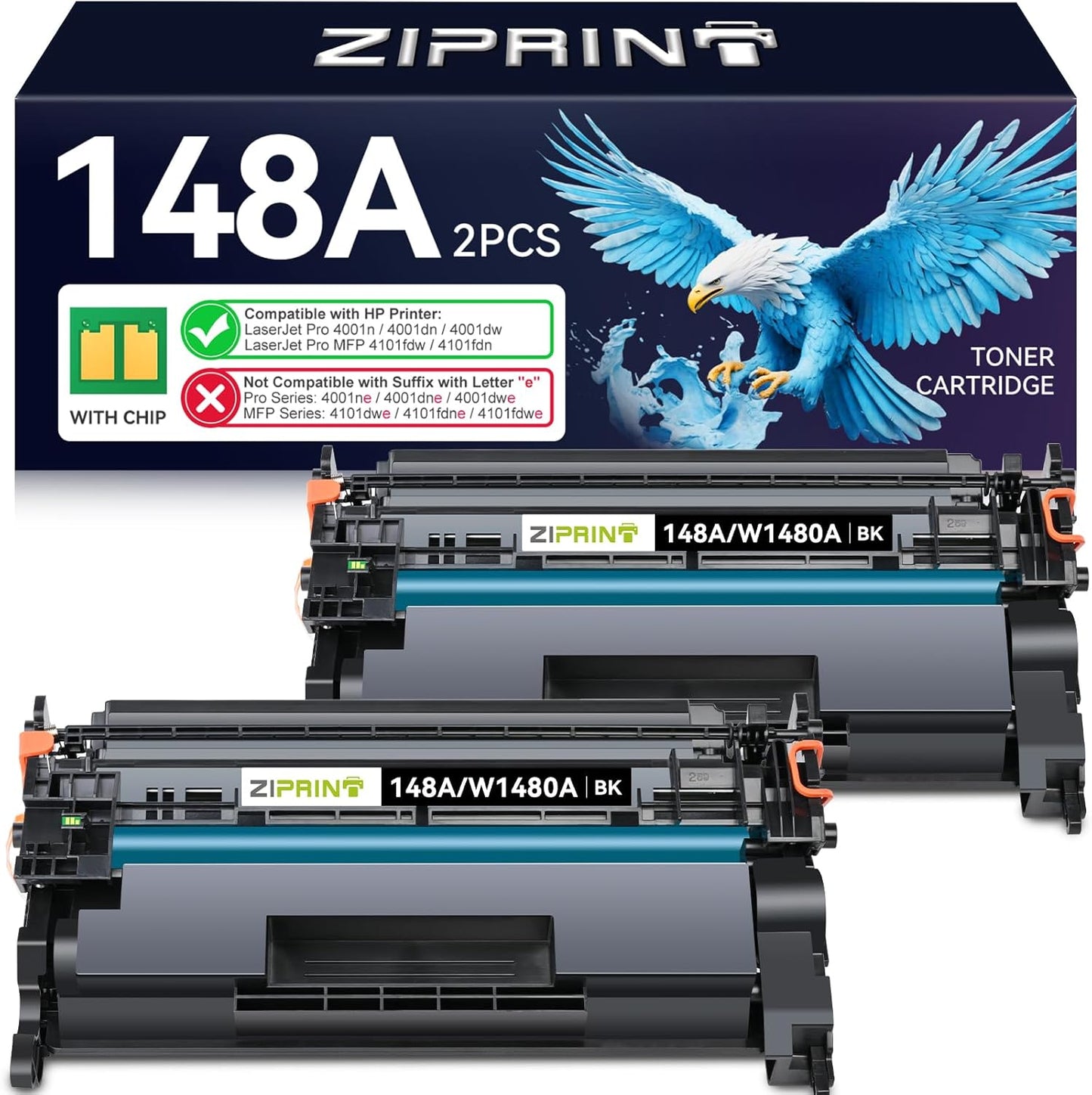 ZIPRINT 148A Toner Cartridge (with Chip) Compatible Replacement for HP 148A 148X W1480A W1480X for Laserjet Pro MFP 4101fdw 4101fdn 4001dw 4001dn 4001n Printer (2 Pack)