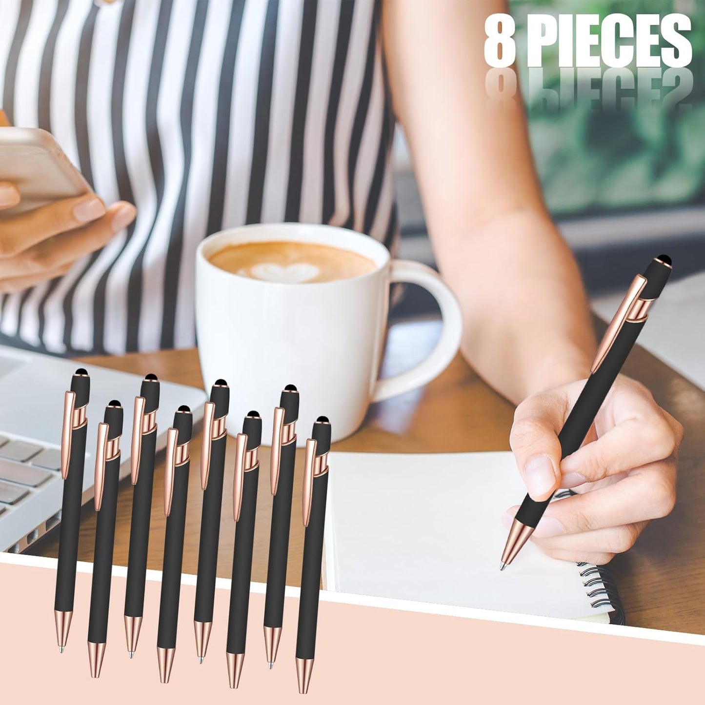8 Pcs Blue Ink Ballpoint Pen with Stylus Tip 2 in 1 Stylus Ballpoint Pen Metal Pens Stylus Pen for Touch Screens School Office Coworkers (Black Rose Gold)