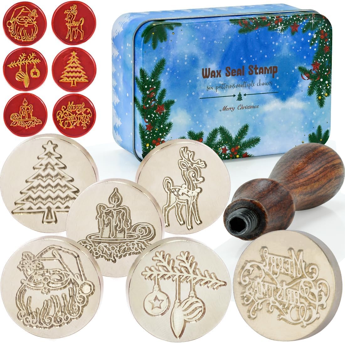 Xmas Wax Seal Stamp Kit, Set of 6 Christmas Design Sealing Wax Stamp Gift Kit with Brass Head Wooden Handle (Merry Christmas Tree + Deer)