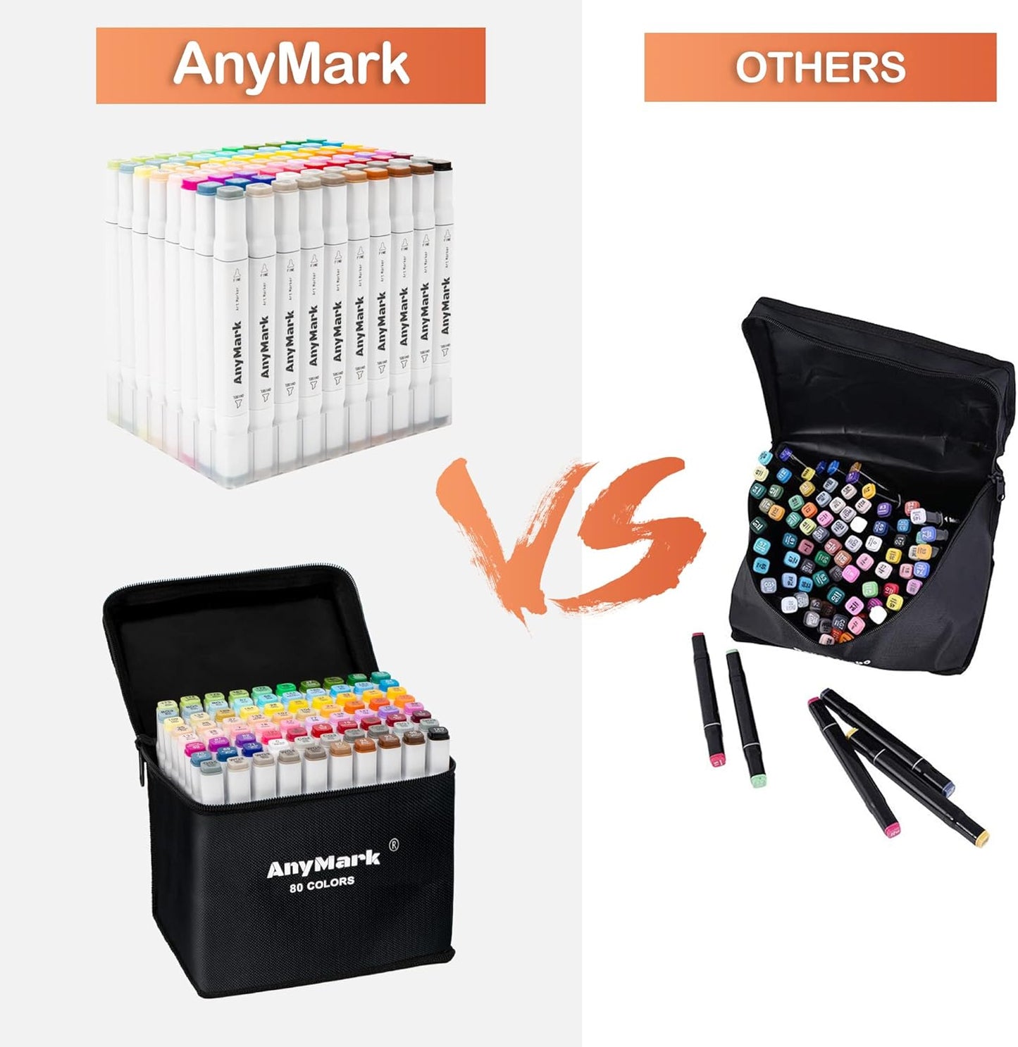 AnyMark Alcohol Markers, 80 Colors Dual Tip Art Coloring Markers Set for Kids Adult Book Drawing Sketching Painting, Chisel & Fine, White Penholder