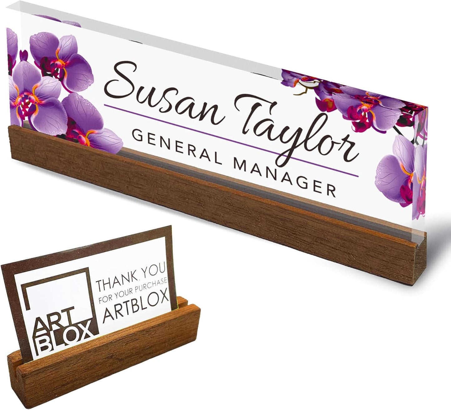 Artblox Personalized Office Desk Name Plate and Business Card Holder | Clear Acrylic Glass with Teak Wood Stand | Purple Orchids Design Customized with Your Name and Credentials Office Desk Decor