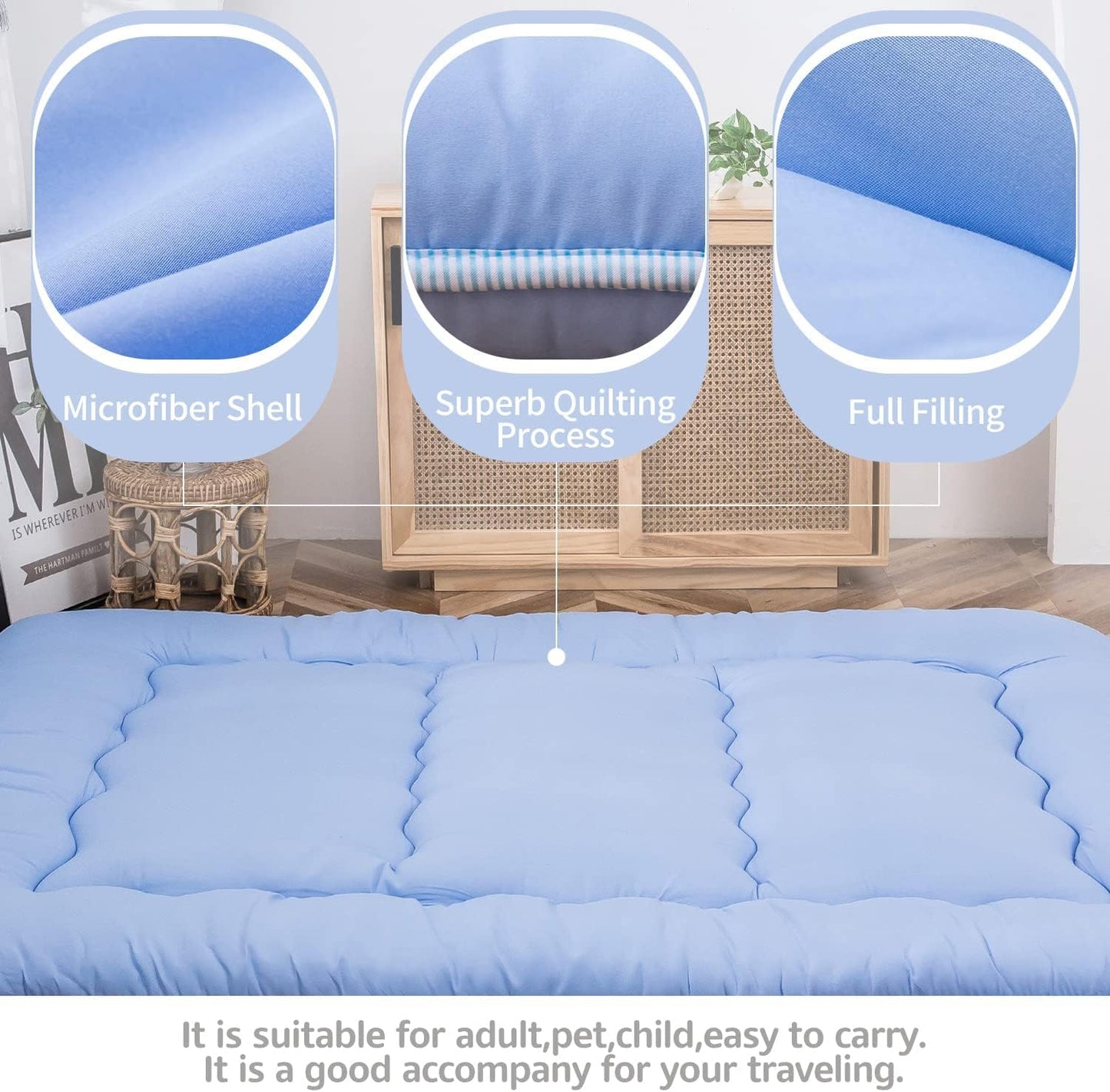 MAXYOYO Japanese Floor Mattress Futon Mattress, Thicken Sleeping Pad Foldable Roll Up Floor Futon for Adults Tatami Mat Dormitory Bed Lounger, Dusty Blue, Full Size