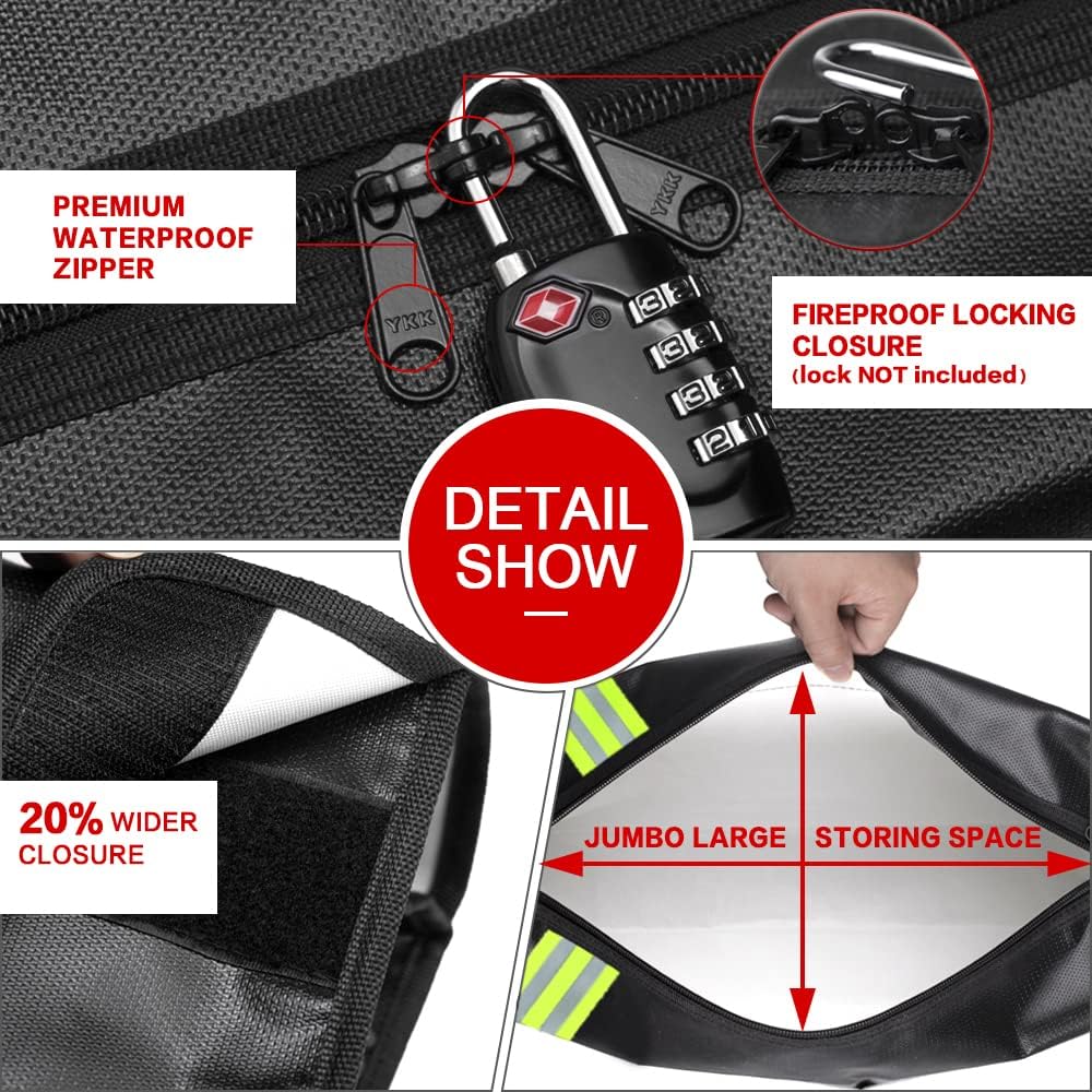 ROLOWAY Large (17 x 12 x 5.8 inches) Fireproof Bag with Reflective Strip, Water Resistant Fireproof Document Bag Safe for Money, Documents and Valuables Storage