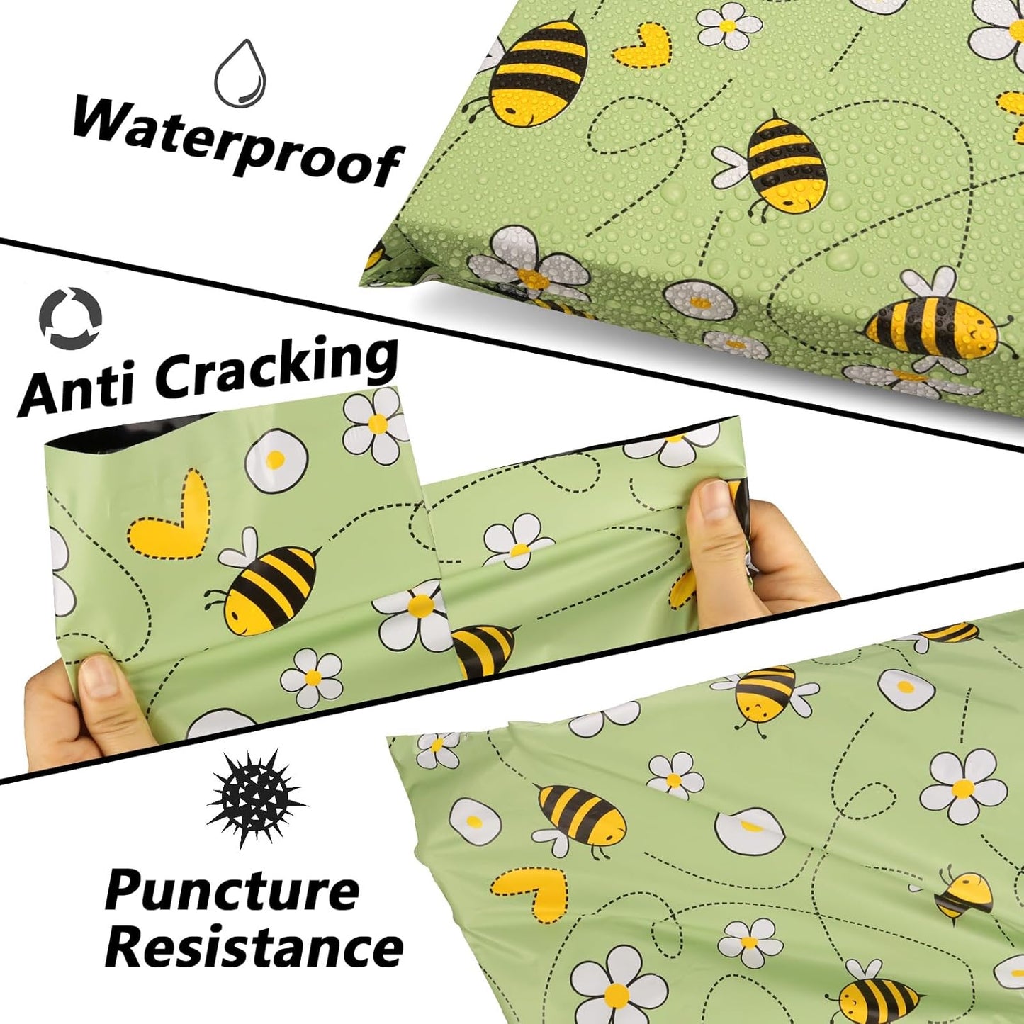 Poly Mailers 12x15.5 Inch 50 Pcs - Bee printed Shipping Bags, 2.4mil Thickness, Waterproof and Tear Resistant Mailing Envelopes, Self-Sealing Packaging Bags for Small Business