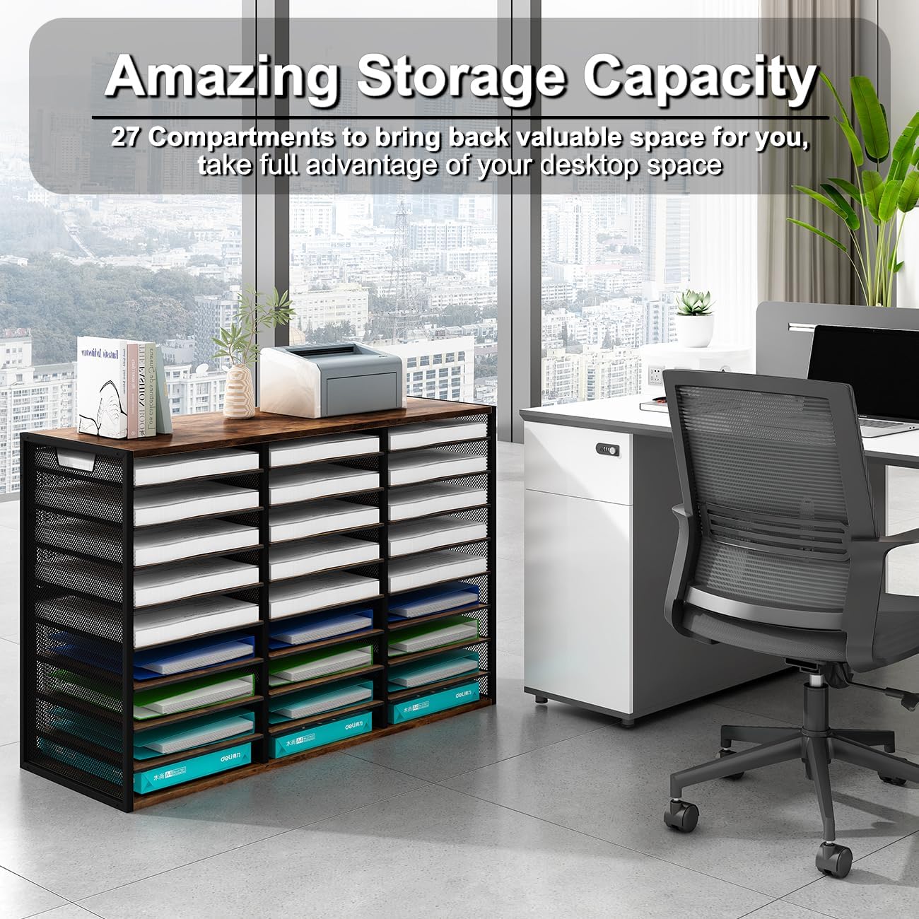 PAG Mass Mail Sorter - Adjustable Mail Holder, Countertop Literature Organizer, Student Mailbox for Classroom, Desktop Bill Paper Organizer for Office & Home, 27 Compartments, Brown