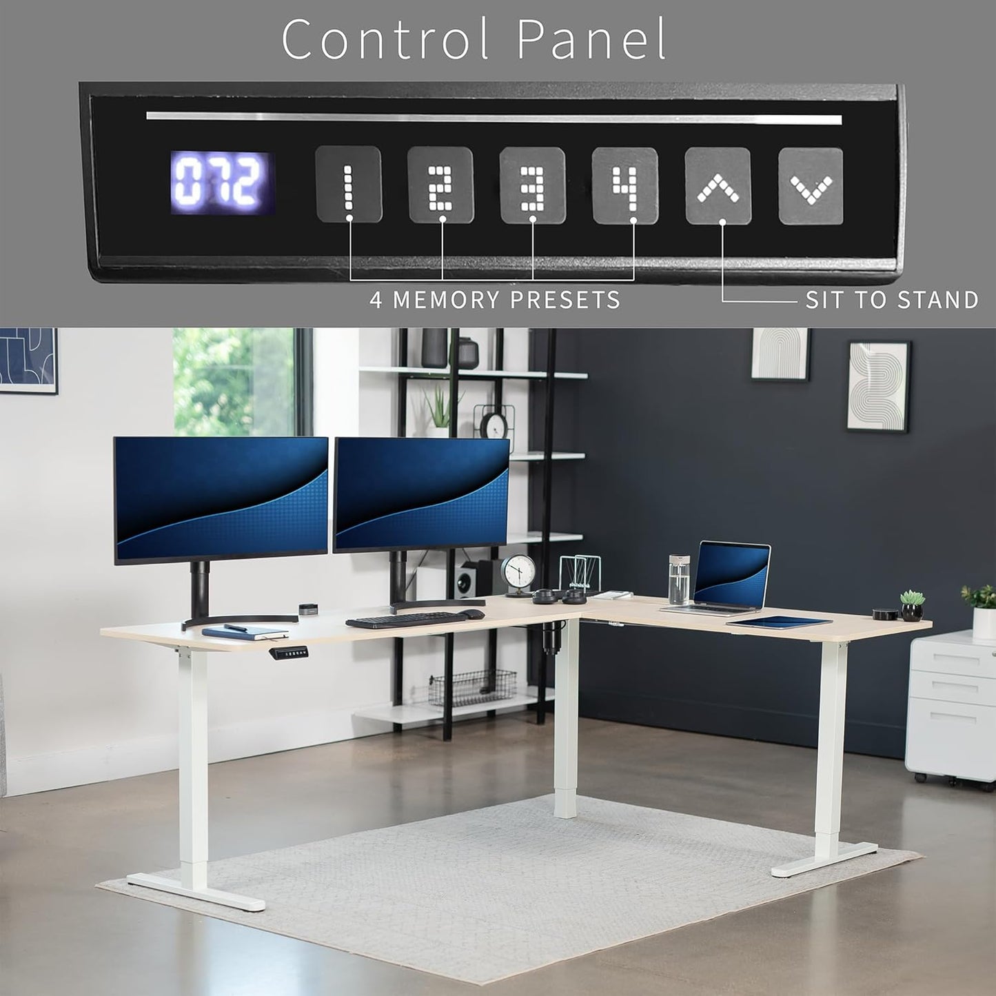VIVO Electric Corner L-Shaped 84 x 63 in Standing Desk, Memory Height Adjustment, Light Wood Top White Frame, DESK-E3CTWC-84