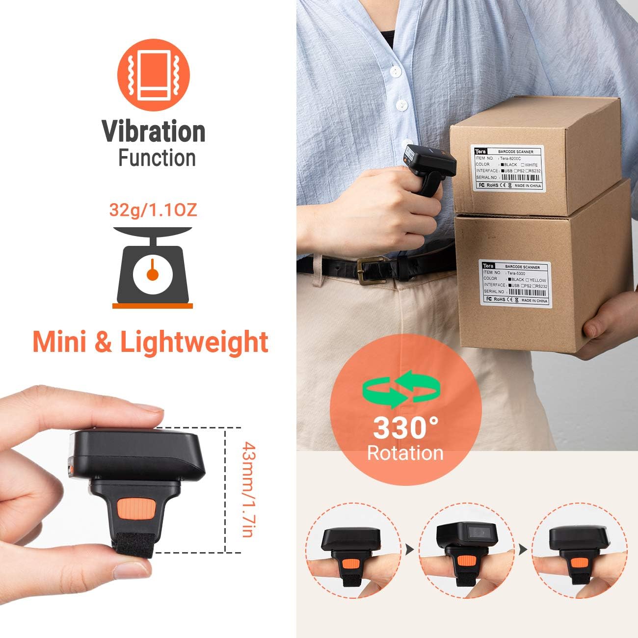 Tera 1D Wireless Barcode Scanner Compatible with Bluetooth, Printed Digital Barcode Reader Scanner Mini Wearable for Windows, Mac OS, Android with Vibration Alert Model HW0011