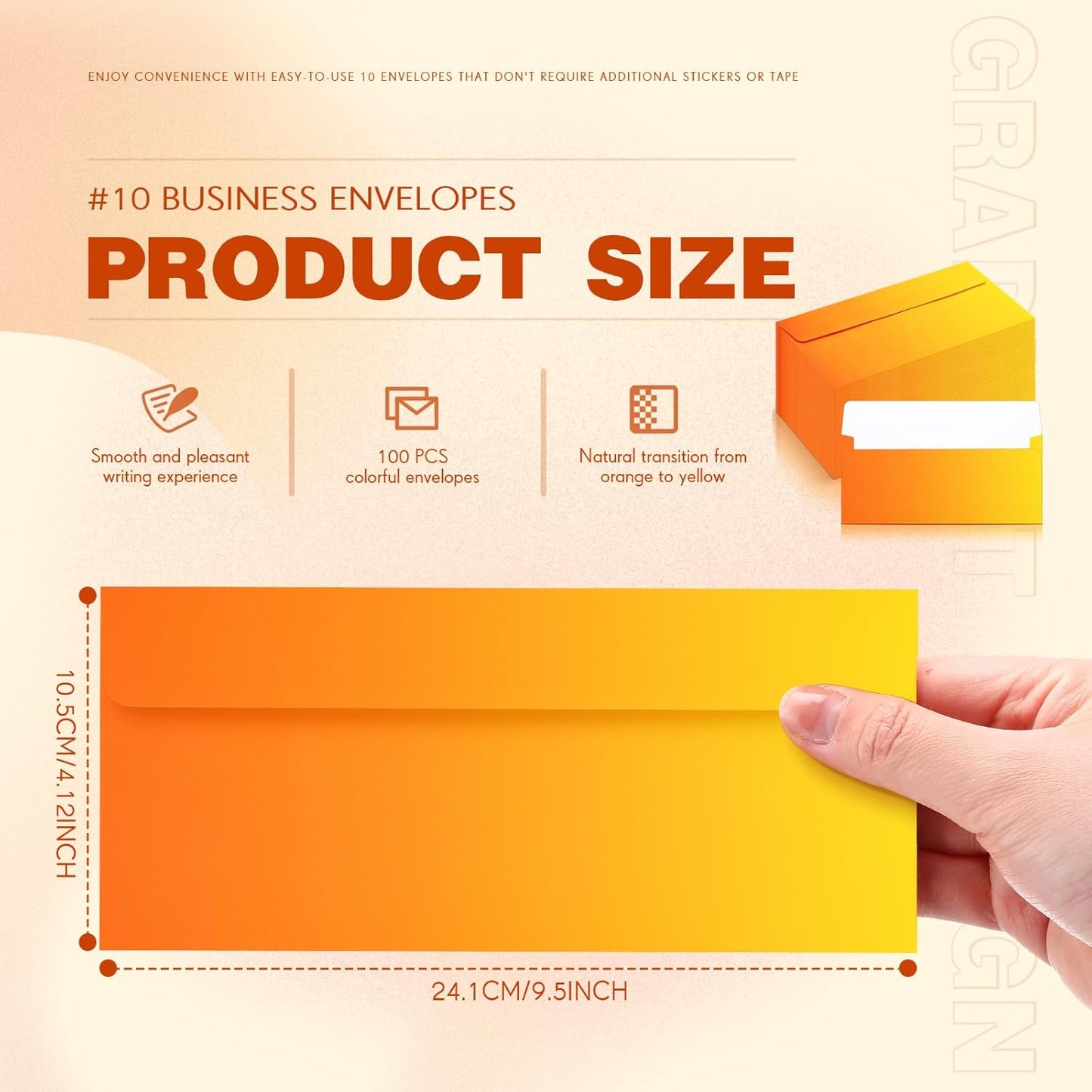 100 Pcs #10 Business Envelopes Colorful Self Adhesive Standard Envelopes Gradient for Office Check Invoices Letters Letterhead Invitations Announcements 4-1/8 x 9-1/2''(Gradient Orange)
