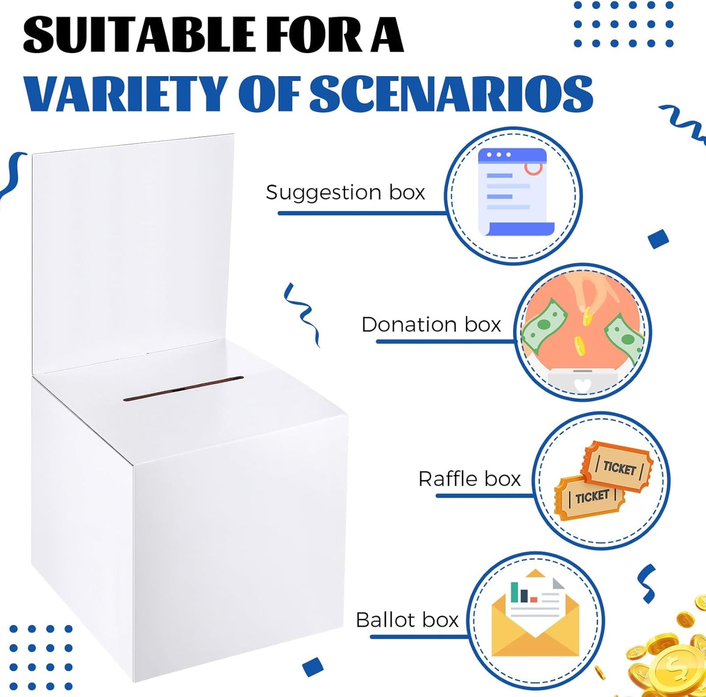 PerKoop 20 Pcs Extra Large Raffle Ticket Box, 10 x 10 x 10 Inch Cardboard Ballot Box with Slot, Large Suggestion Donation with Removable Header for Fundraising Ticket Collecting Voting Contest, White
