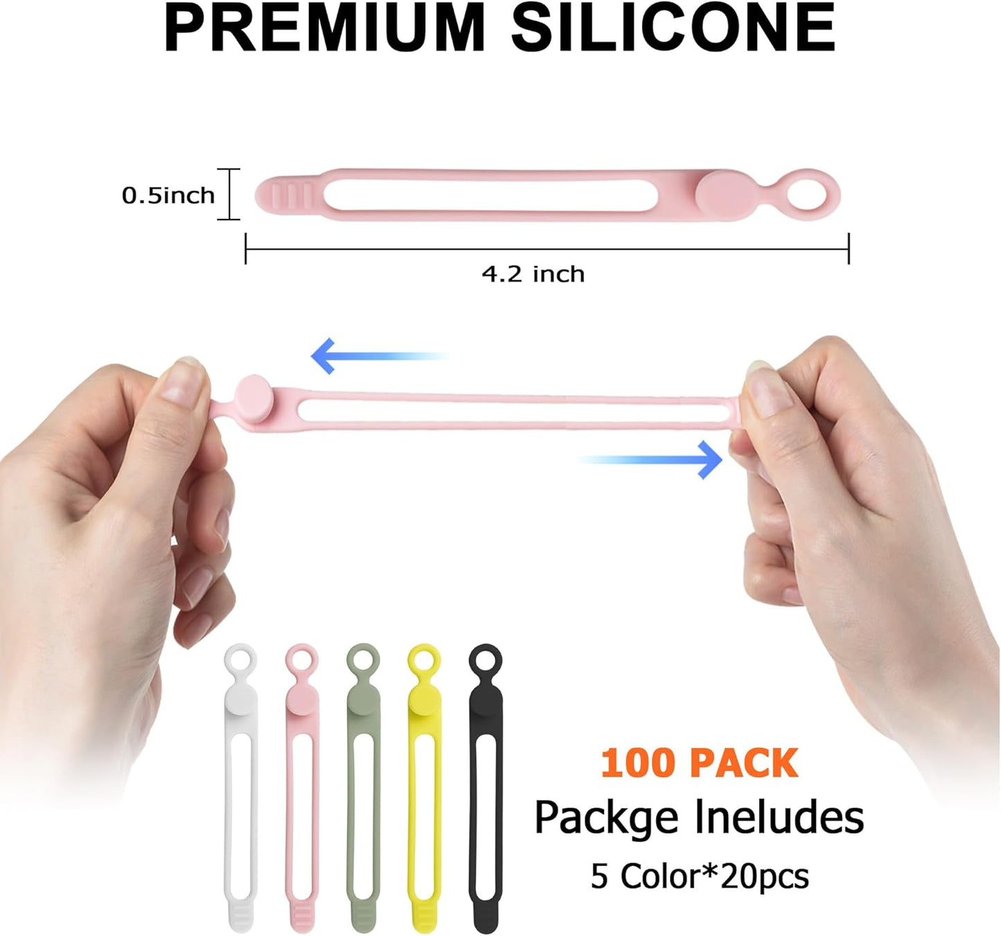 Nearockle 100Pcs Silicone Cable Ties Cord Organizer for Bundling Earphone, Phone Charger, Computer Cords, Reusable Cable Ties Wire Organizer in Home,Office,Kitchen,School (5 Colors)