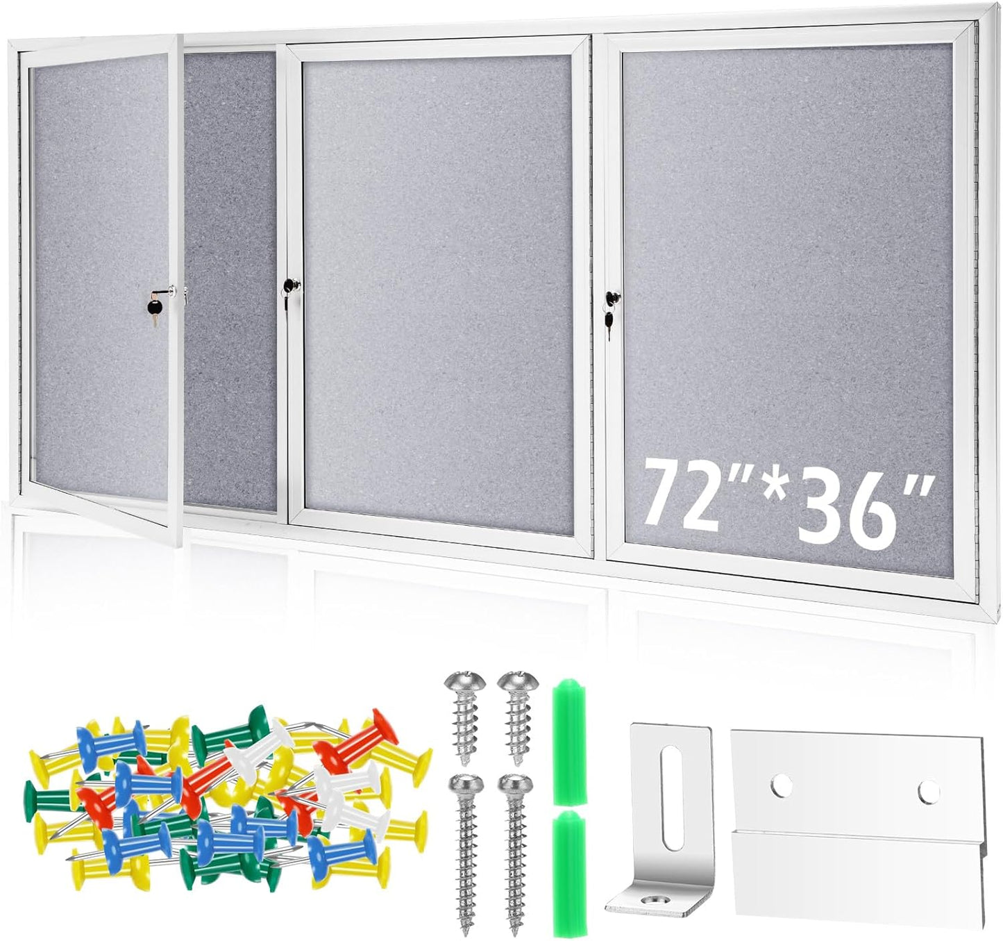 72" x 36" Enclosed Bulletin Board Outdoor 3 Door Weatherproof Tamper-Proof Enclosed Cork Board with Lock Aluminum Frame Display Case for Back to School, Office Commercial, 18xA4(Gray)