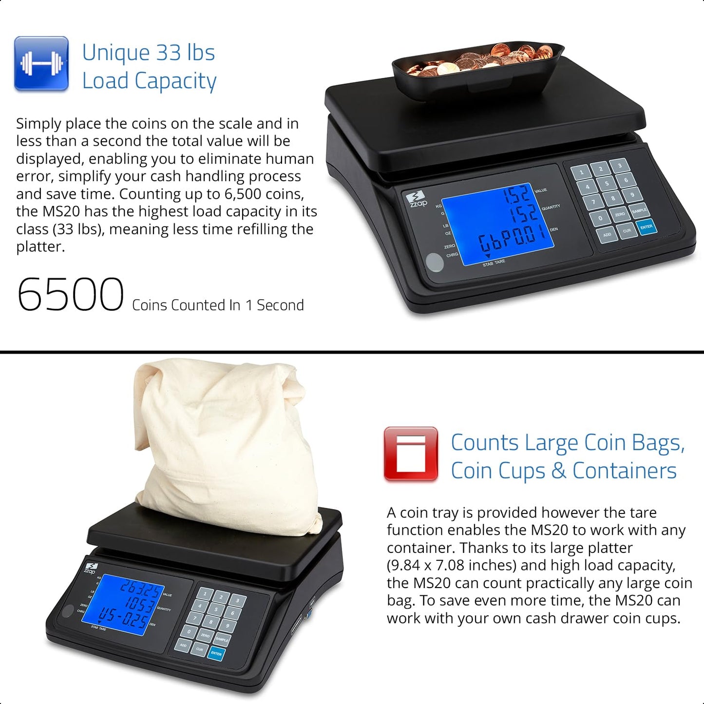 ZZap MS20 Coin Counting Scale - Money Cash Currency Weighing Machine