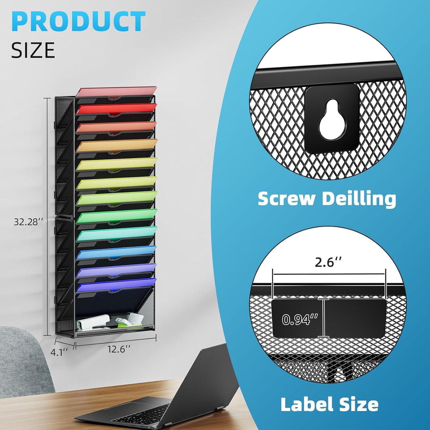 Marbrasse Wall File Holder 13-Tier Hanging Wall File Organizer, for Papers, Files Clipboard & Magazine Organizer, Wall Mount File Holder Great for Office Home (Black)