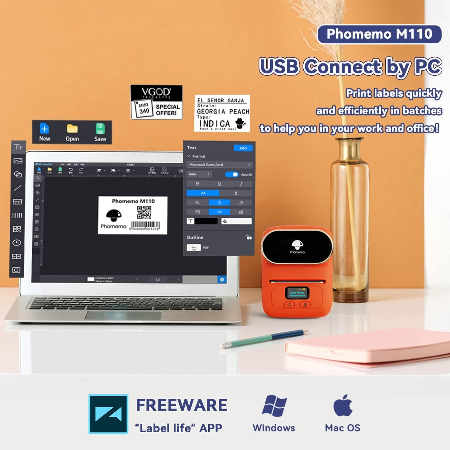 Phomemo M110 Label Maker- Mini Portable Bluetooth Thermal Label Printer for Clear Label, Barcode, Clothing, Office, Business, Compatible with Android & iOS, Orange