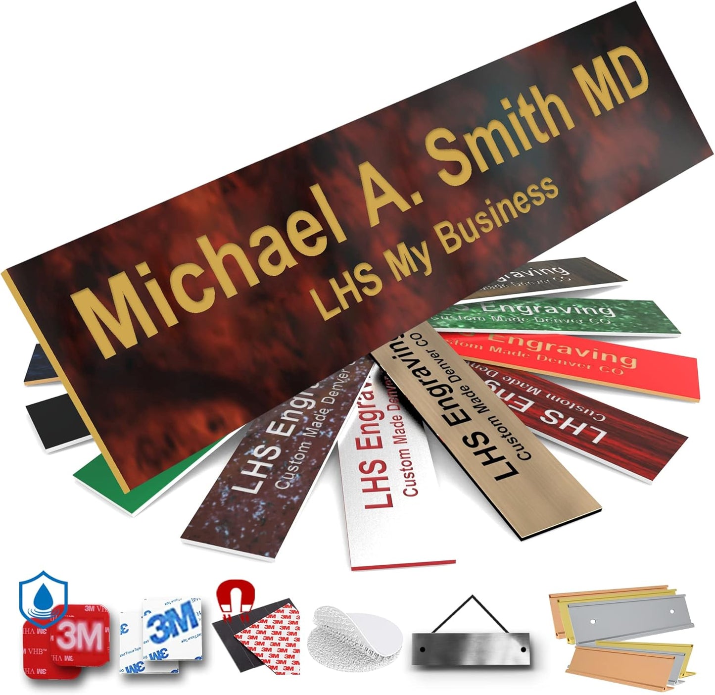 Engraved Name Plates for Door Sign Personalized Burlwood Plastic Plaque with Gold Letters - Made in USA 2x4 N2