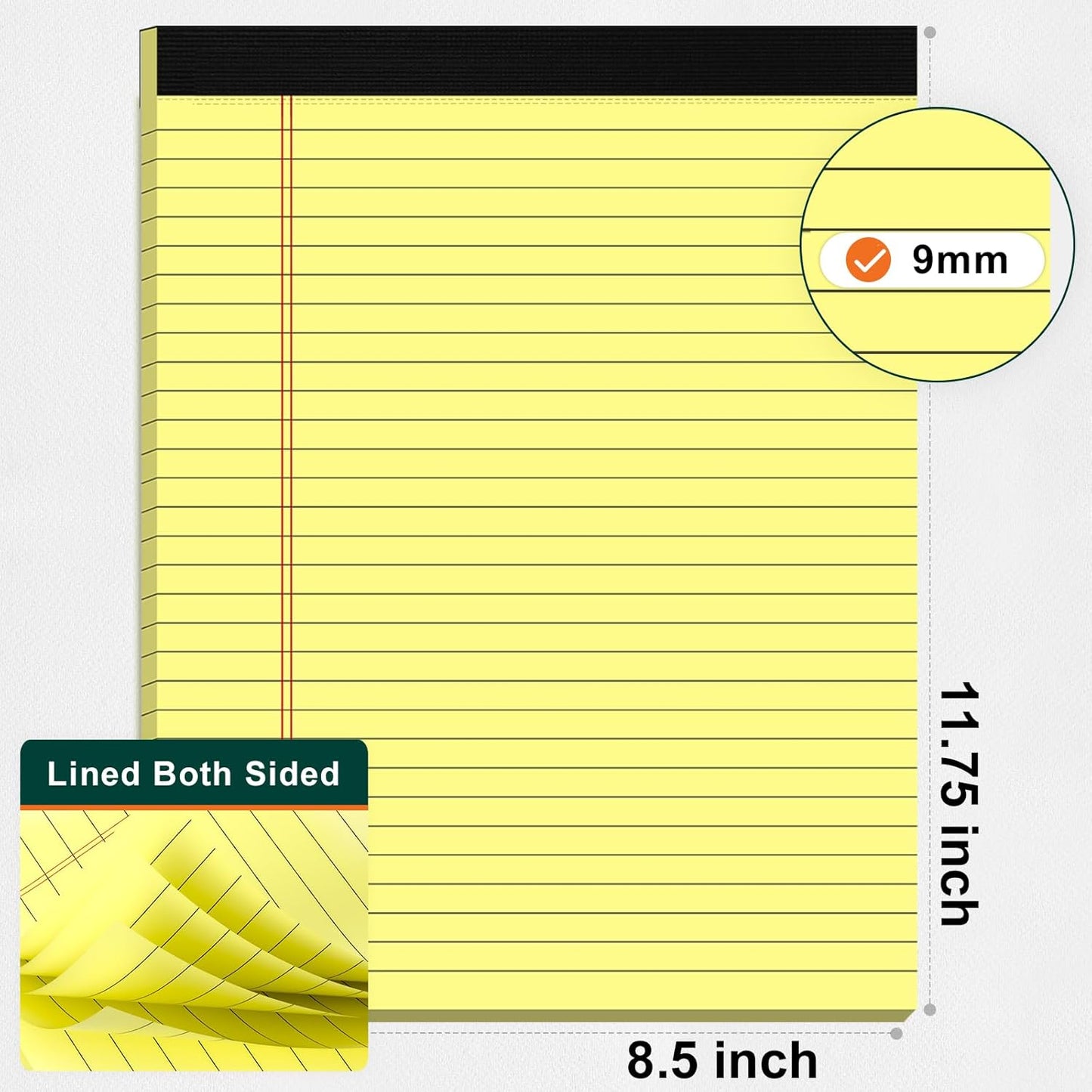 Legal Pads 8.5 x 11 Yellow Note Pads 8.5 x 11.75 Wide Ruled Writing Pads Lined Notepad for Home, School, Office Use, 80gsm Perforated Paper - Sturdy Cardboard Backing Support, 2 Pack (30 Sheets/Pad)