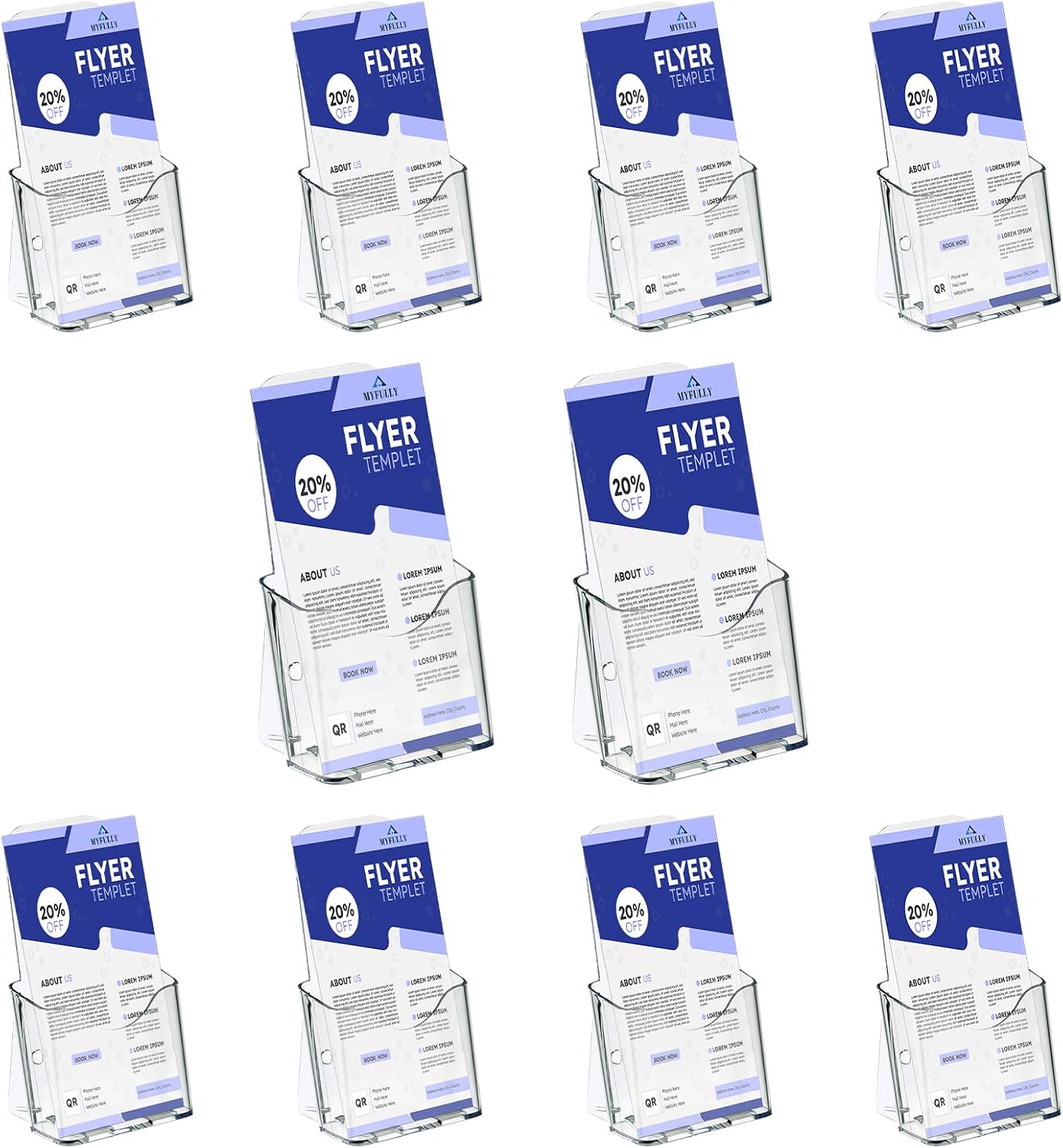 MYFULLY Acrylic Brochure Holder 4 x 7.9 Inches, 10 Pack Clear Plastic Trifold Pamphlet Holders, Wall Mount or Countertop Literature Display Rack Stand for Flyers, Booklets, Menus, Magazines, Leaflets