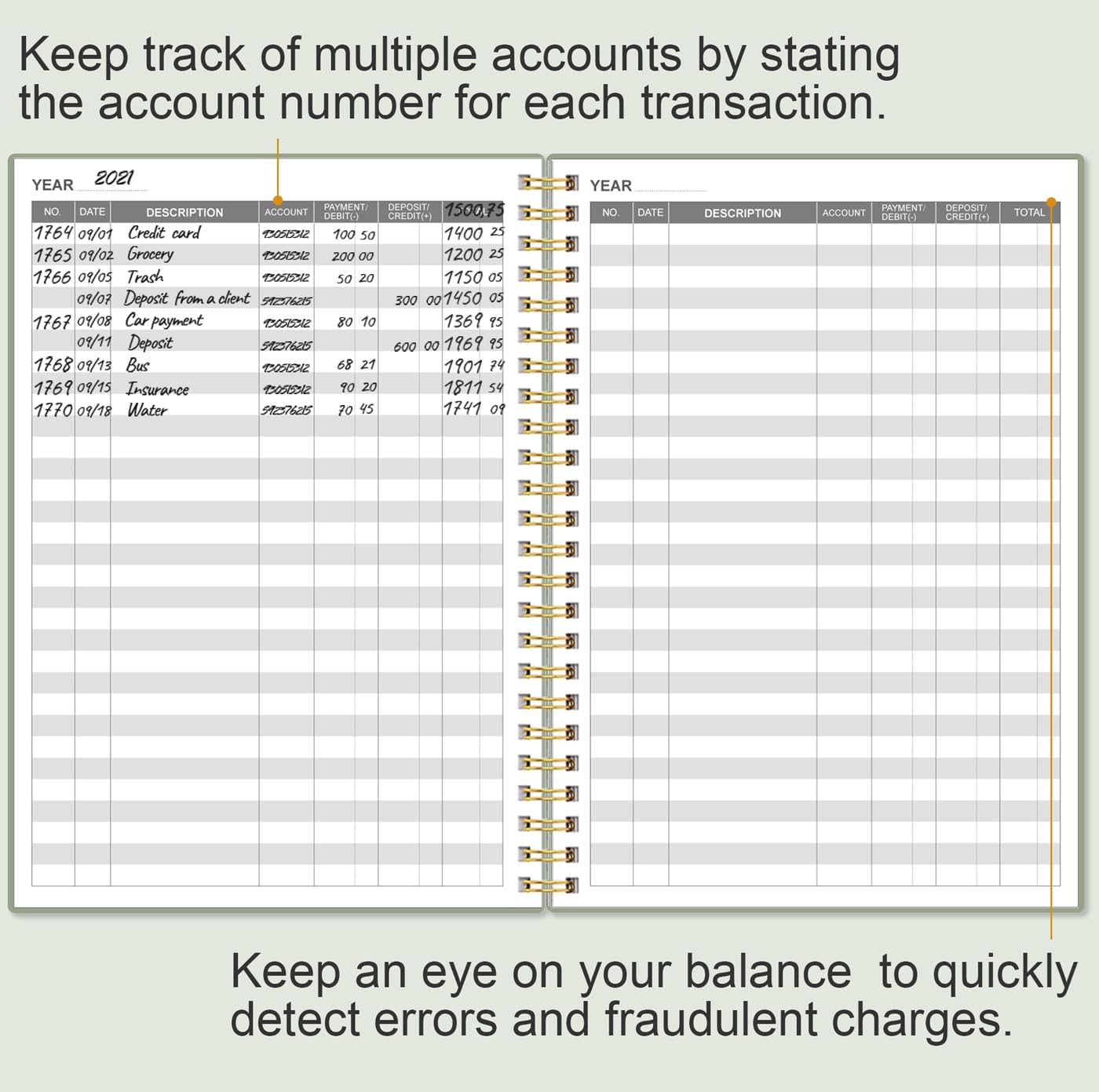 Accounting Ledger Book - A5 Ledger Book for Bookkeeping, Small Businesses & Personal Use, Expense Tracker Notebook for Tracking Money, Expenses, Deposits & Balance, 5.8" x 8.4", Green