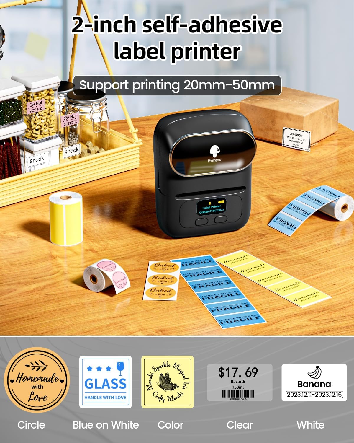 Phomemo Label Maker - M110 Address Label Printer Bluetooth Thermal Printer for Business, Office, School, Home-use, Barcode, Logo, Clothing Labels, with 3 Label Roll, Black