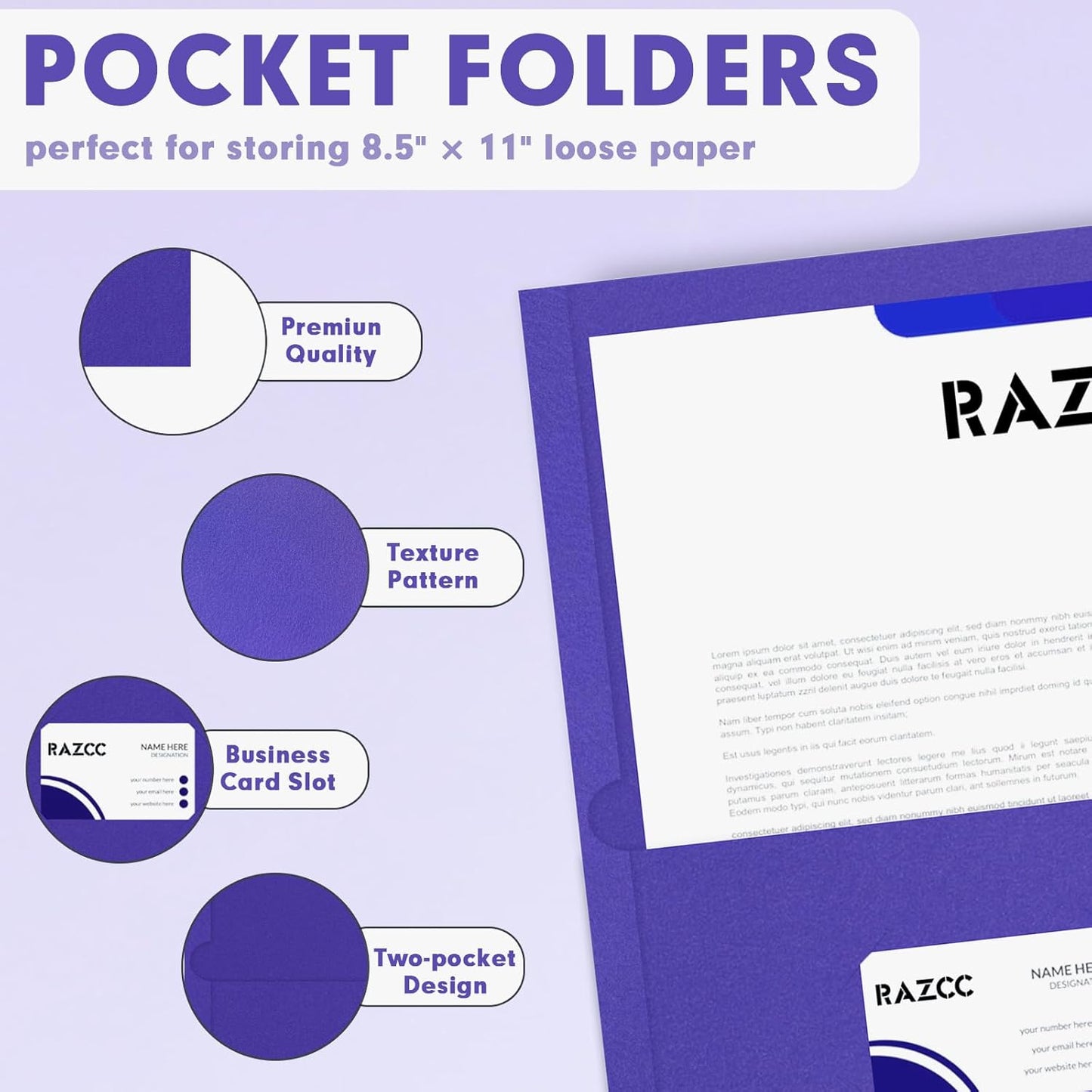 Two Pocket Folders, RAZCC 50 Pack 2 Pocket Folders Fit Letter Size Paper, Paper Folders with Pockets for School Office Business Home, Purple