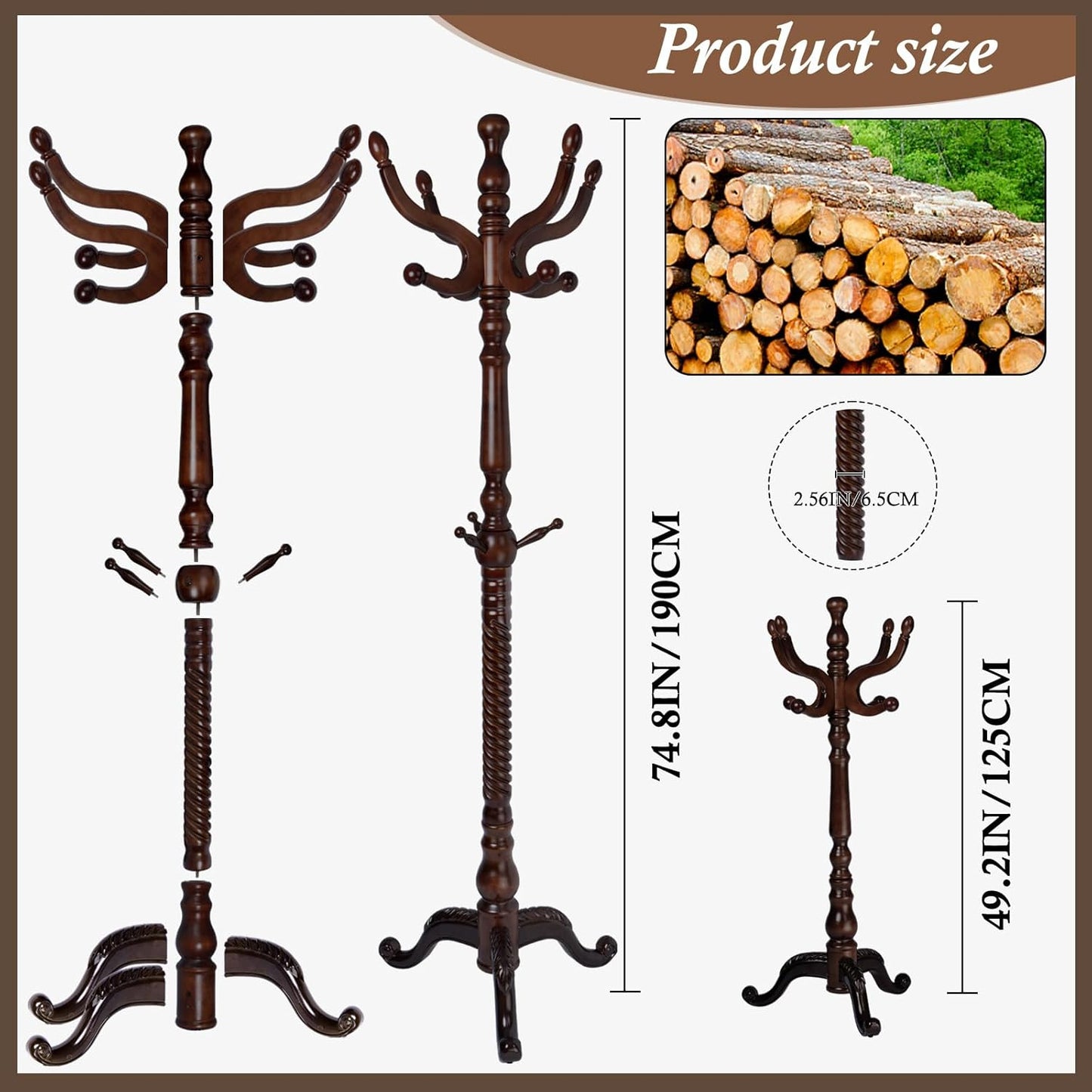 Wooden Coat Rack Freestanding, Vintage Coat Racks with Sturdy Round Base, Adjustable Height 37.40"-72.83" Entrance Coat Rack for Bedroom Living Room Entryway (Vintage Triangle)