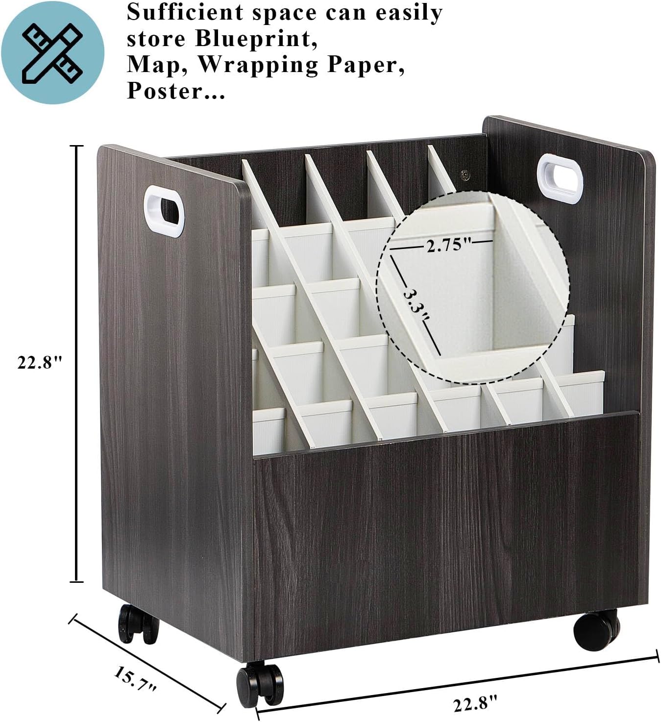 Blueprint Storage Cabinet, Wooden Mobile Blueprint Holder for Roll File, Construction Plan Holder for Office, 30 Slots