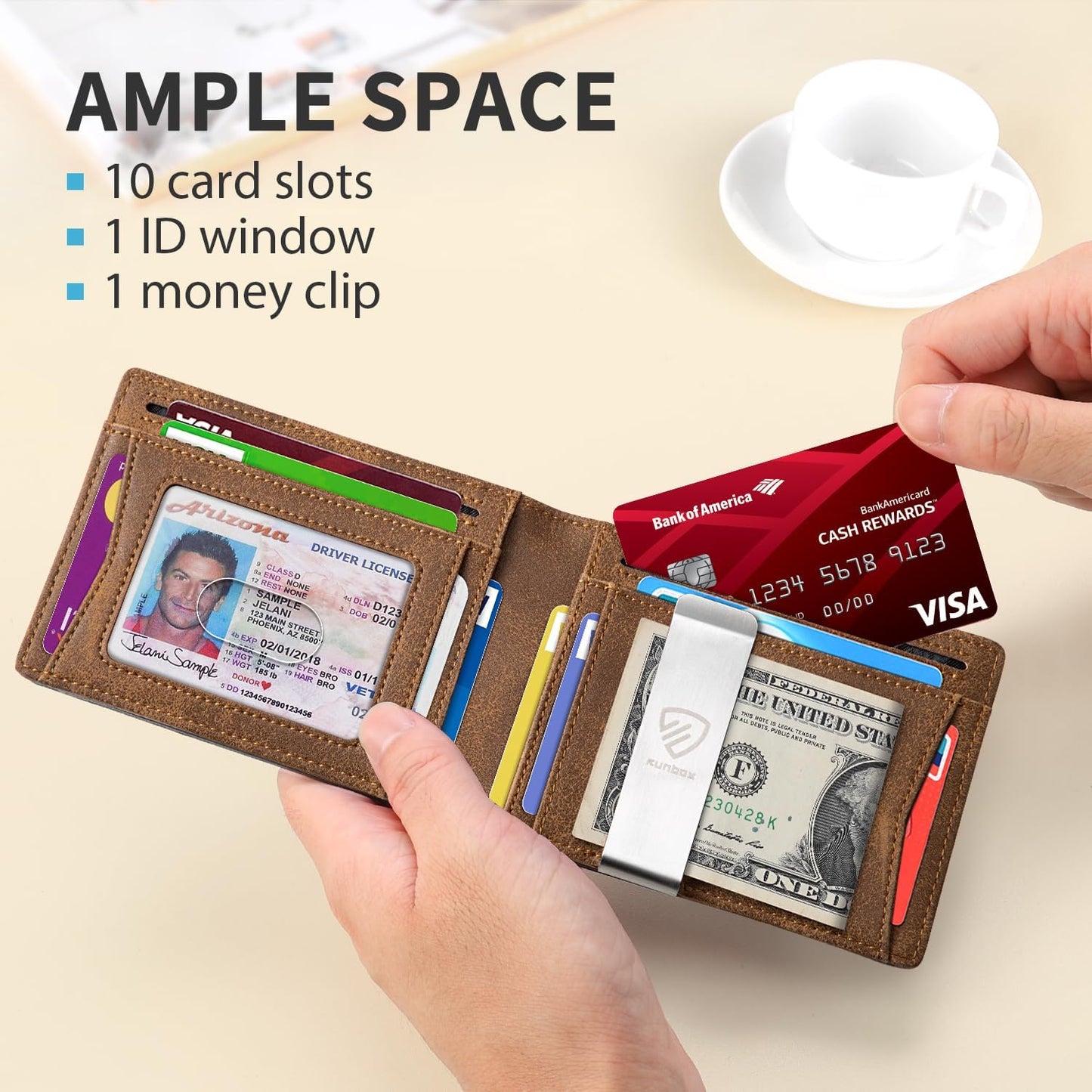 RUNBOX Mens Slim Wallet with Money Clip RFID Blocking Bifold Credit Card Holder for Men with Gift Box